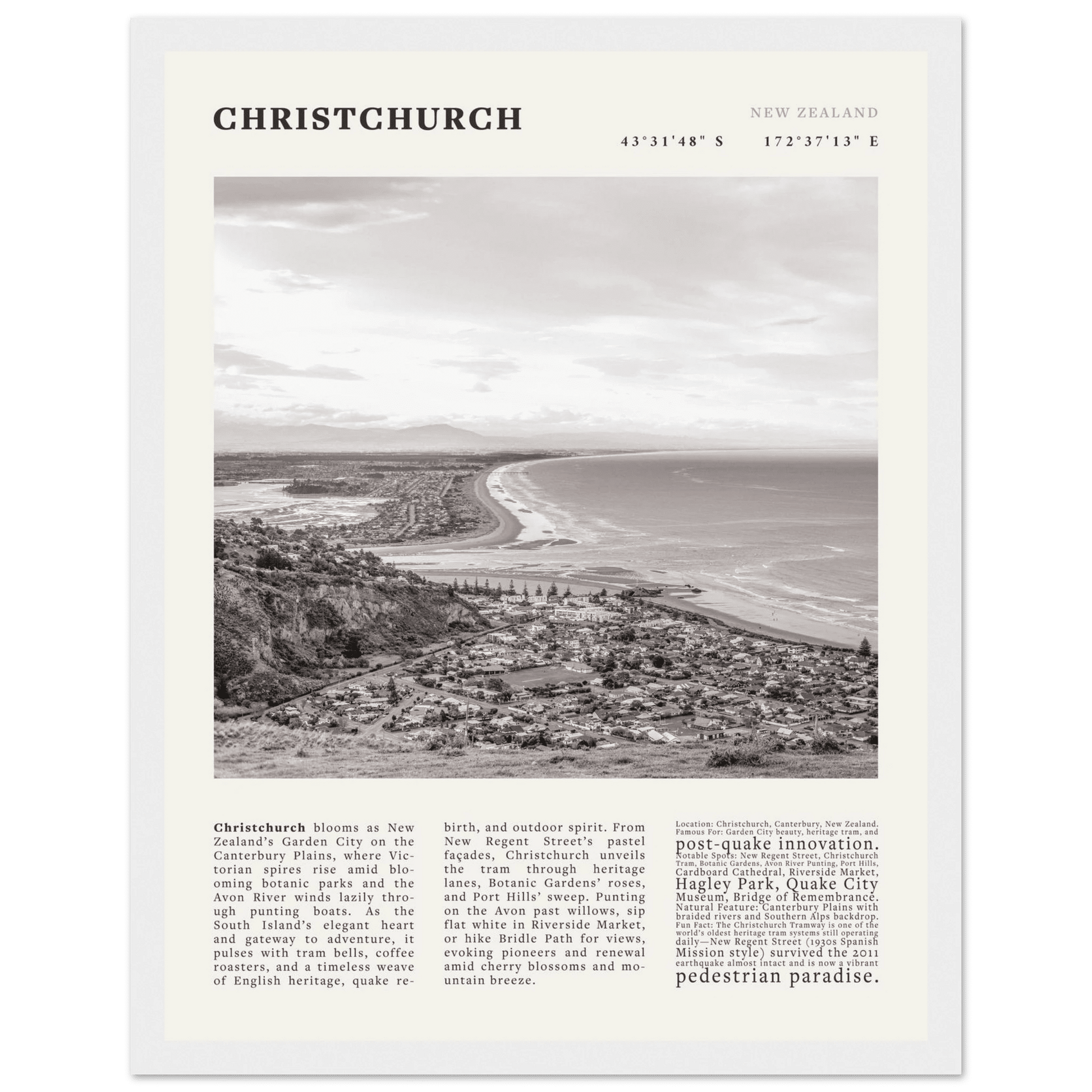 Christchurch New Zealand Poster Black and White – Vintage Garden City Panorama Print - Evergreen Posters