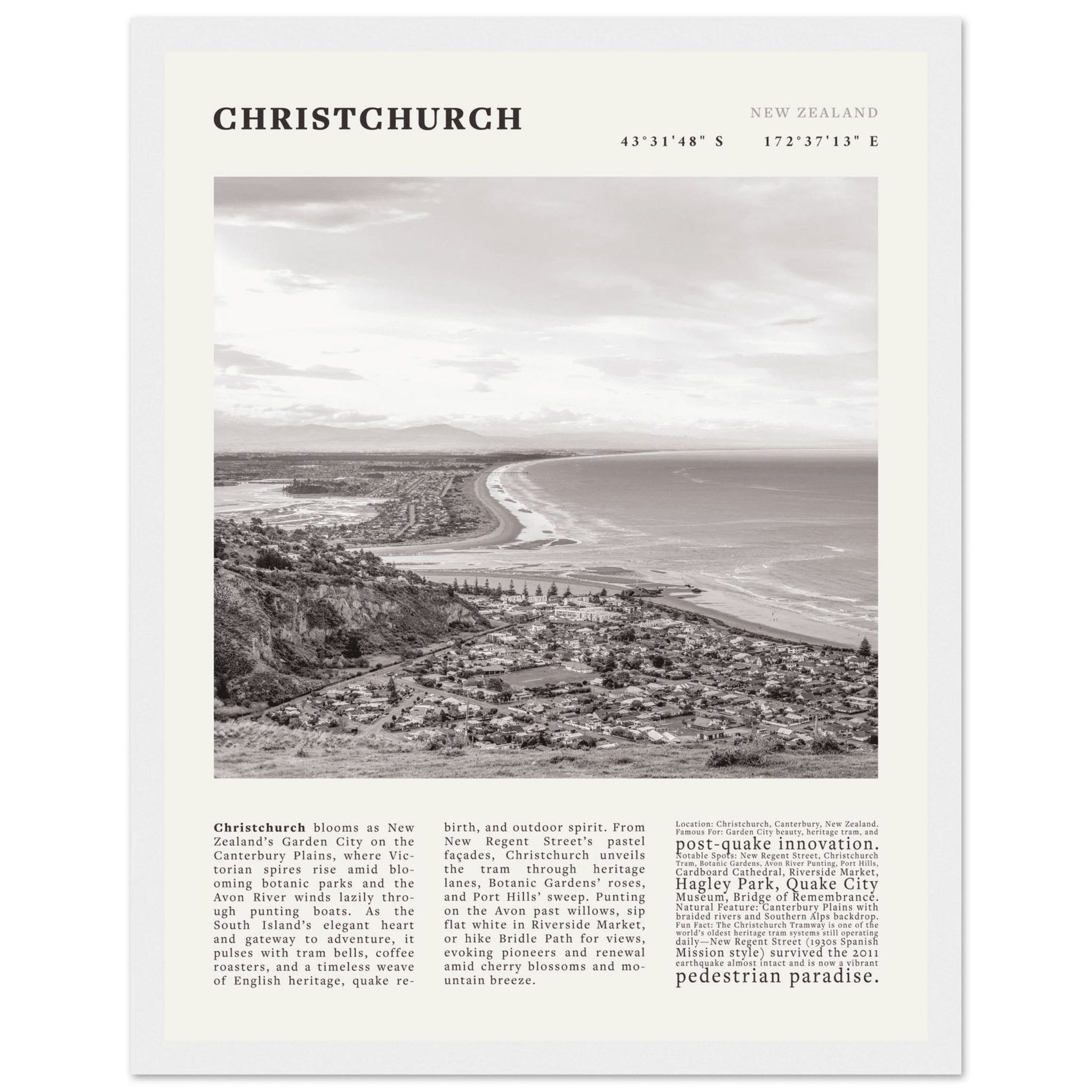 Christchurch New Zealand Poster Black and White – Vintage Garden City Panorama Print - Evergreen Posters