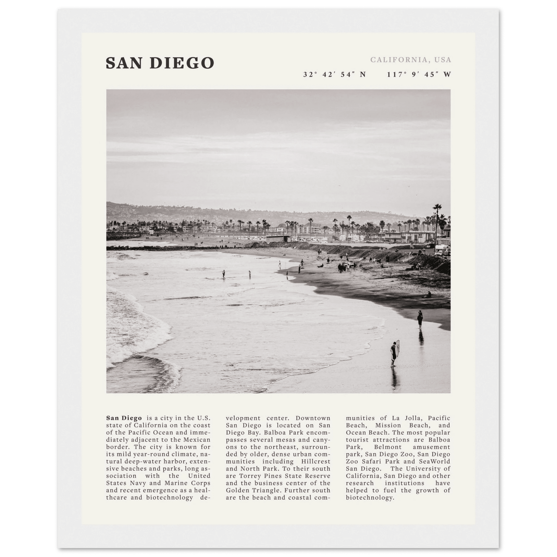 San Diego Poster | Black & White California Beach Wall Art | Coastal Travel Print Decor - Evergreen Posters