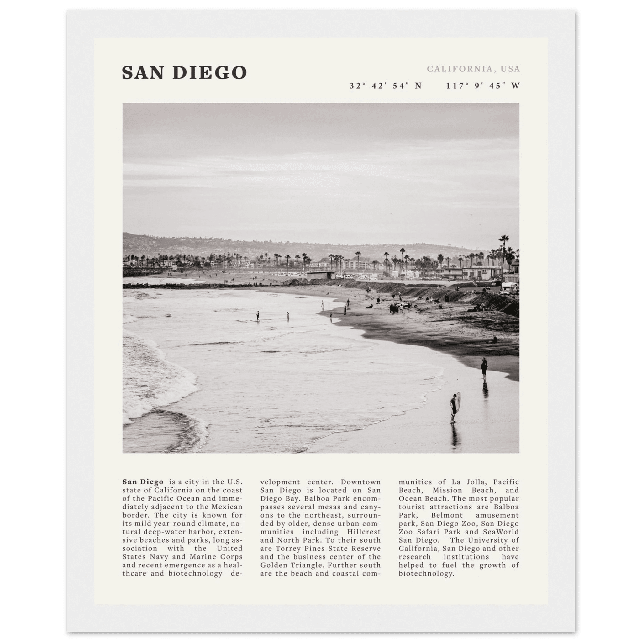 San Diego Poster | Black & White California Beach Wall Art | Coastal Travel Print Decor - Evergreen Posters