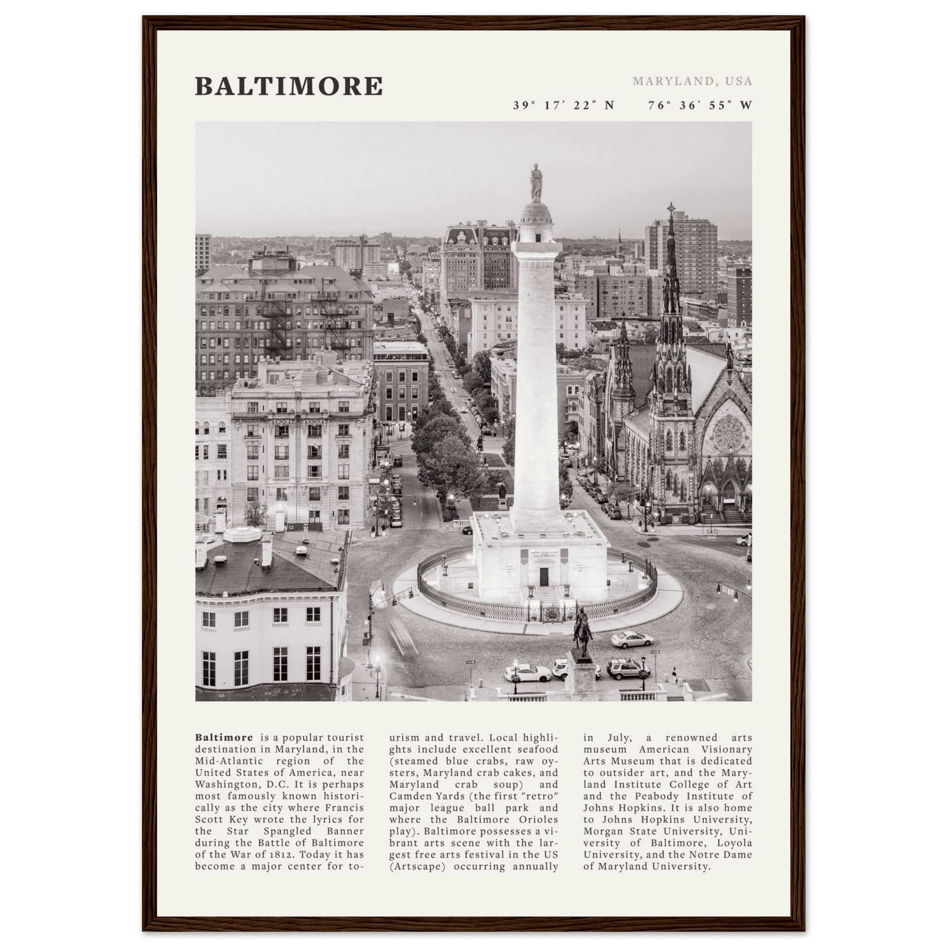 Baltimore Poster | Black & White Maryland City Wall Art | USA Travel Print - Evergreen Posters