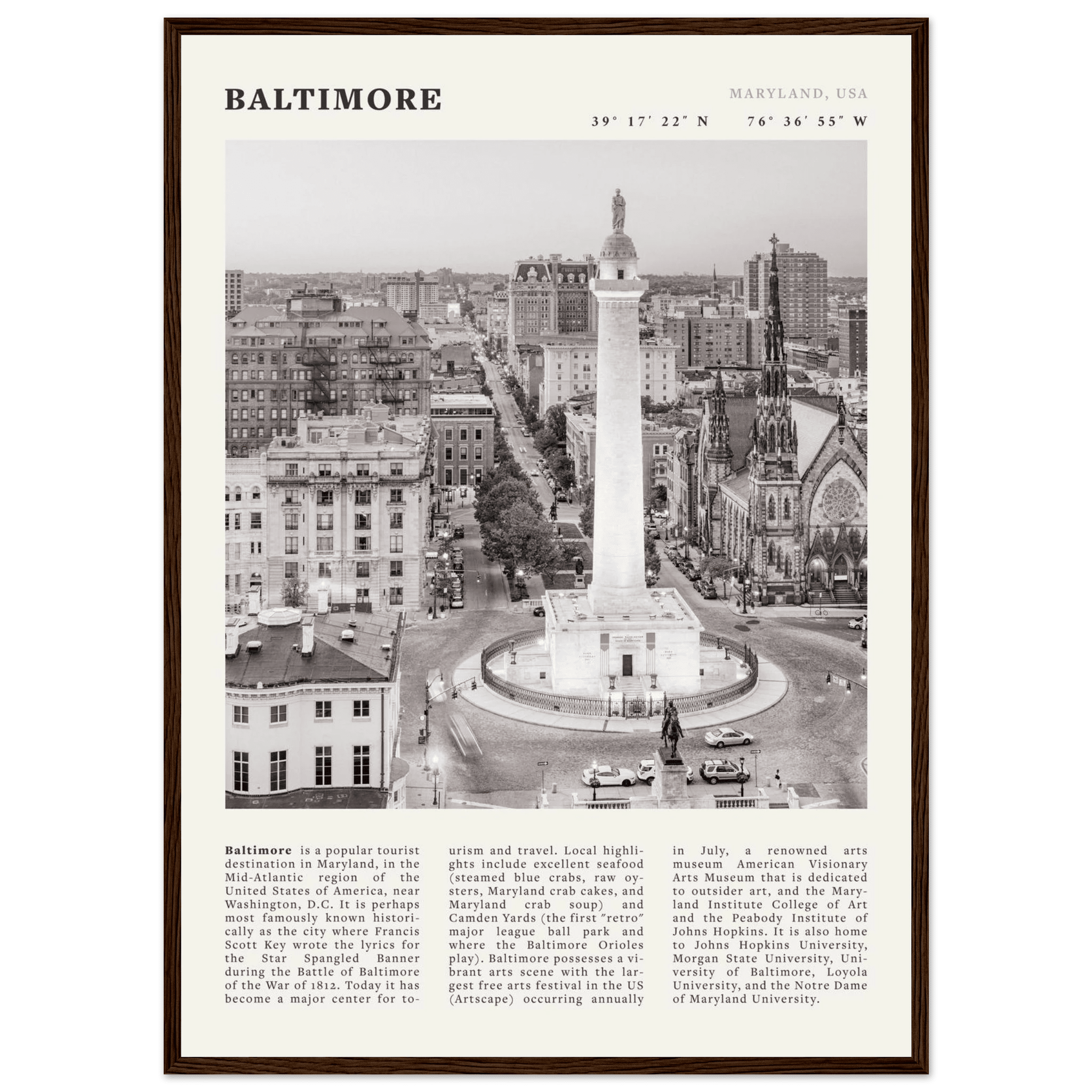 Baltimore Poster | Black & White Maryland City Wall Art | USA Travel Print - Evergreen Posters