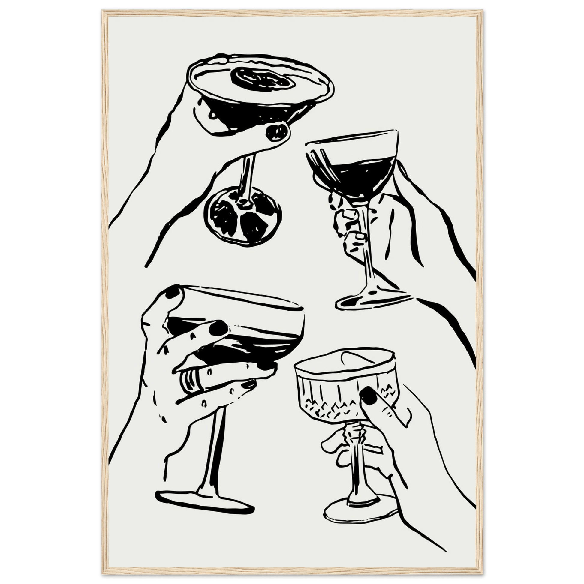 Cheers Print | Black Line Art Cocktail Glasses Wall Art | Kitchen Bar Poster - Evergreen Posters