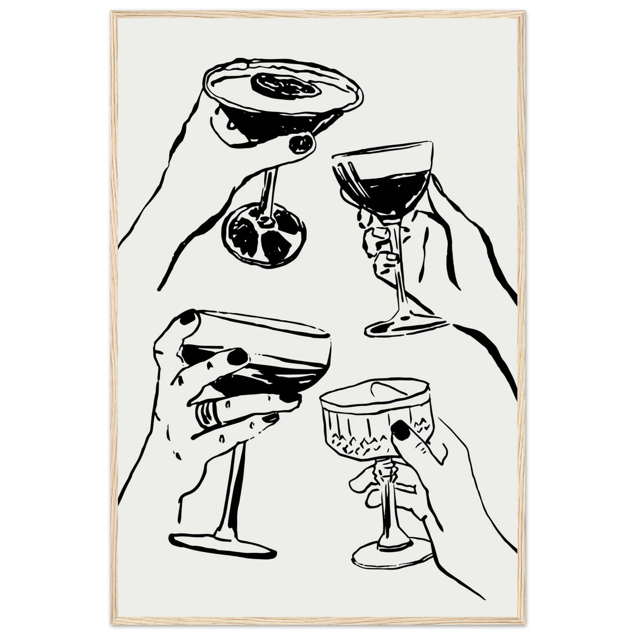 Cheers Print | Black Line Art Cocktail Glasses Wall Art | Kitchen Bar Poster - Evergreen Posters
