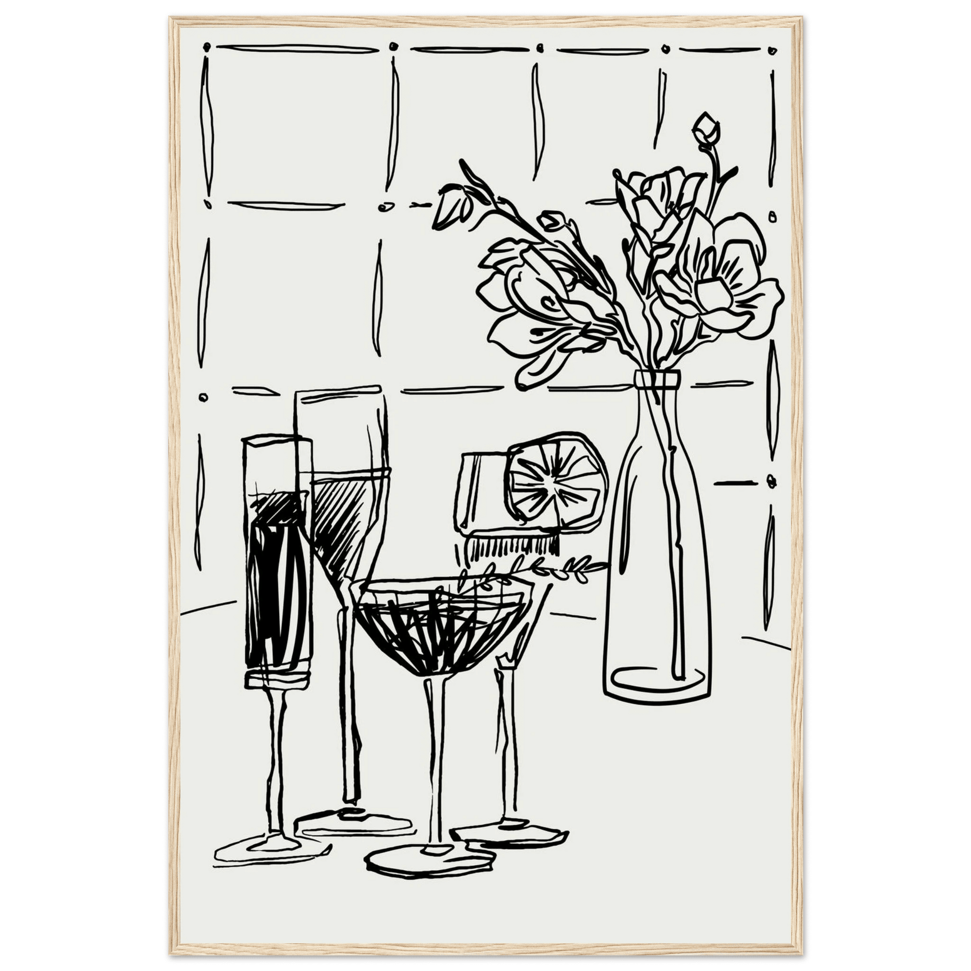 Cocktails & Flowers Print | Black Line Art Drinks Wall Art | Kitchen Bar Poster - Evergreen Posters