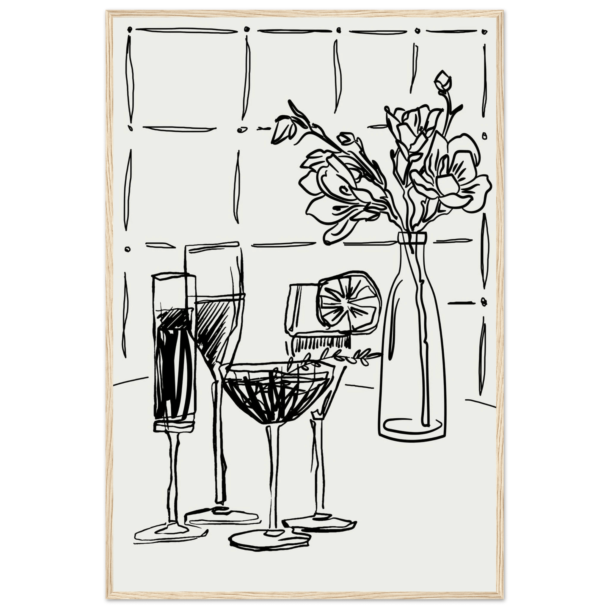 Cocktails & Flowers Print | Black Line Art Drinks Wall Art | Kitchen Bar Poster - Evergreen Posters