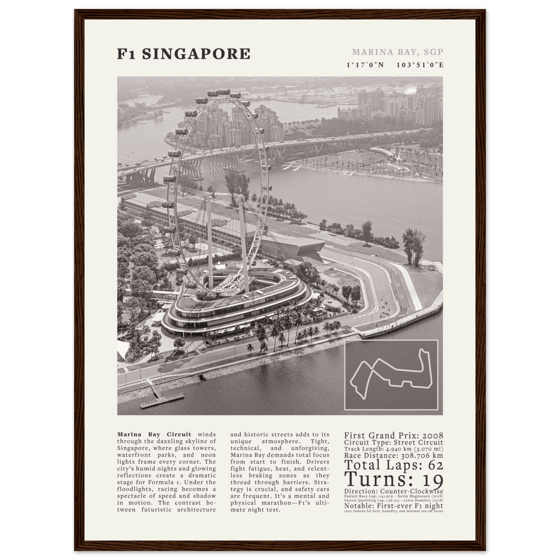 F1 Singapore Poster Black and White – Vintage Marina Bay Night Race Print (Digital & Printed Options) - Evergreen Posters