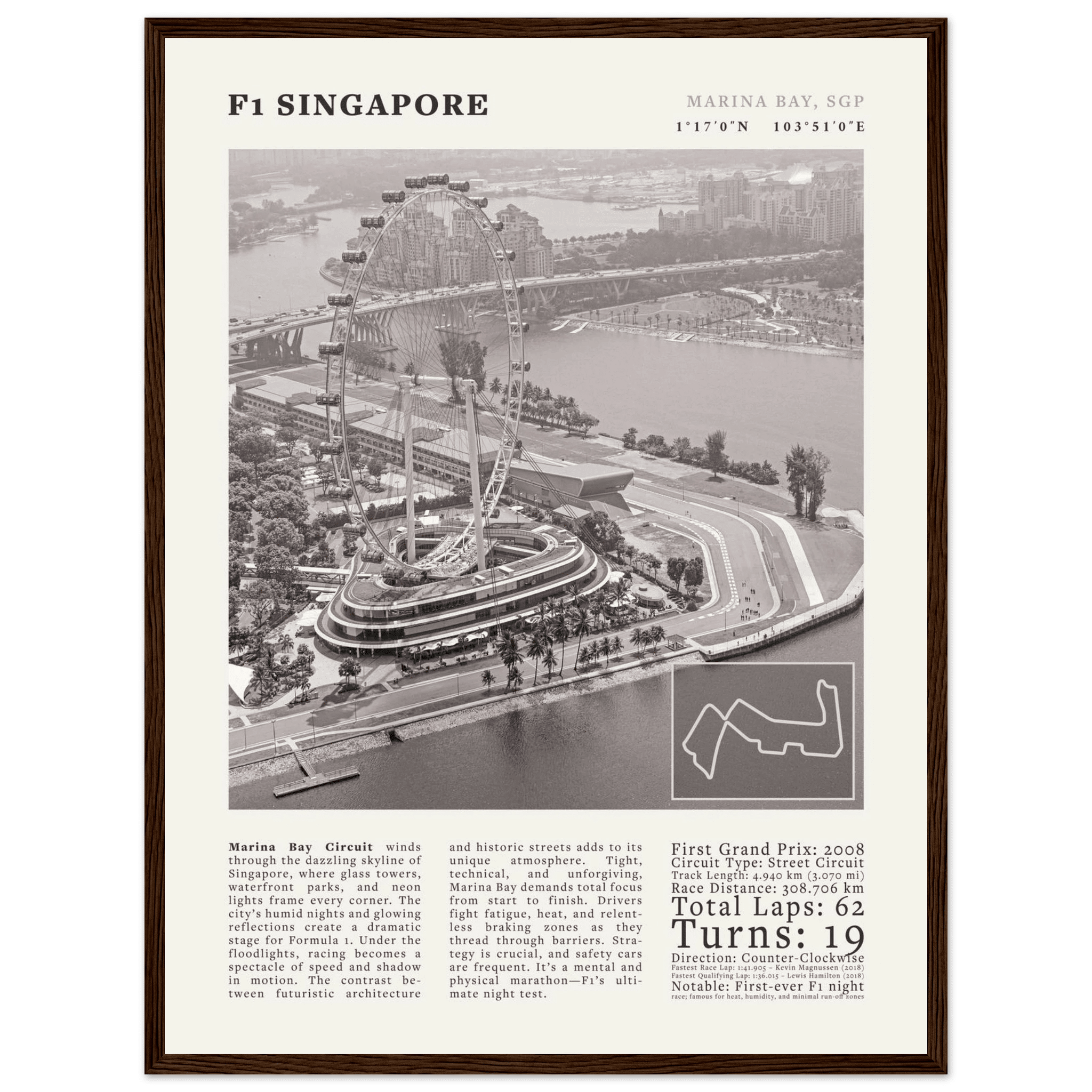 F1 Singapore Poster Black and White – Vintage Marina Bay Night Race Print (Digital & Printed Options) - Evergreen Posters