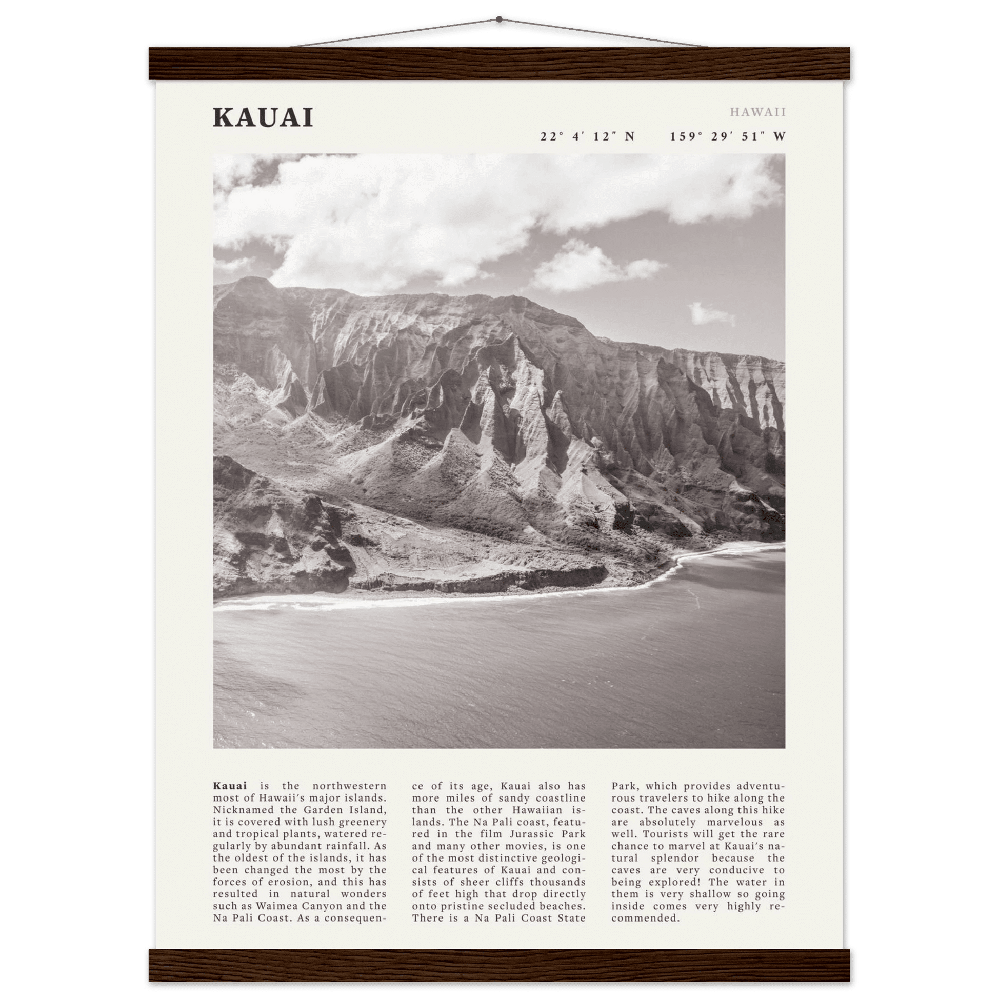 Kauai Poster | Black & White Na Pali Coast Wall Art | Hawaii Travel Print Decor - Evergreen Posters