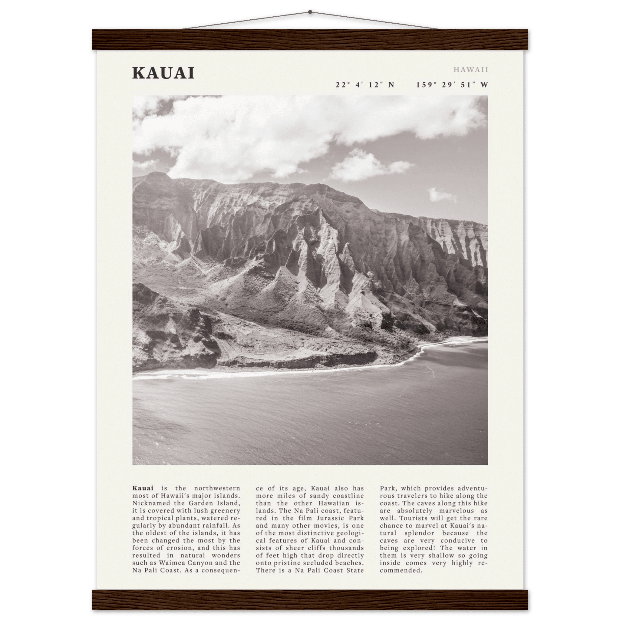 Kauai Poster | Black & White Na Pali Coast Wall Art | Hawaii Travel Print Decor - Evergreen Posters