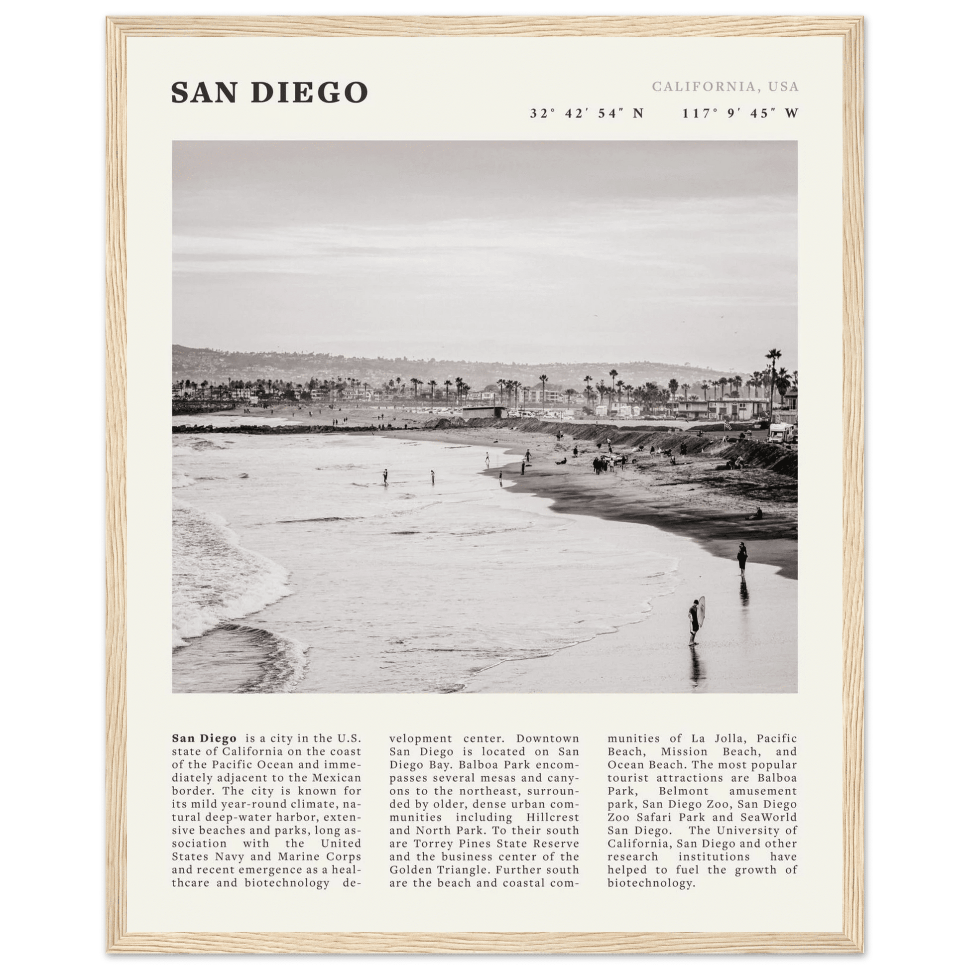 San Diego Poster | Black & White California Beach Wall Art | Coastal Travel Print Decor - Evergreen Posters