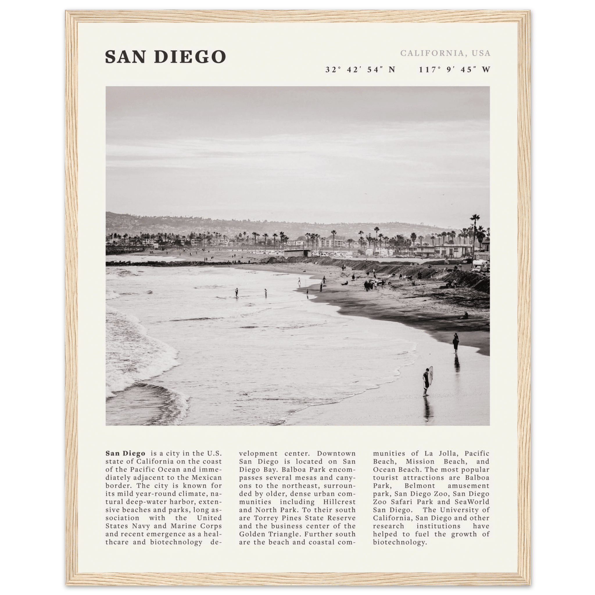 San Diego Poster | Black & White California Beach Wall Art | Coastal Travel Print Decor - Evergreen Posters