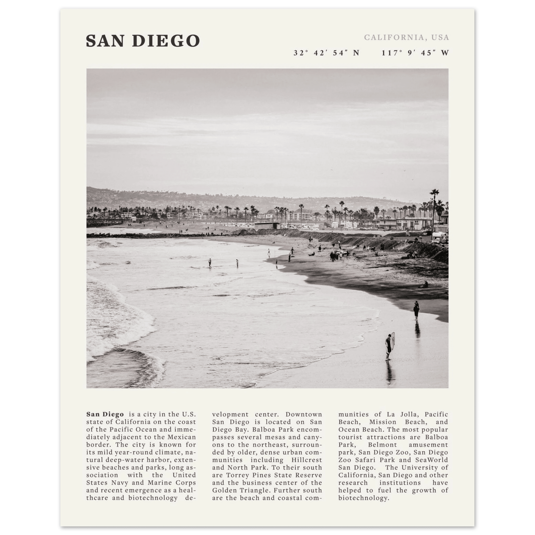 San Diego Poster | Black & White California Beach Wall Art | Coastal Travel Print Decor - Evergreen Posters