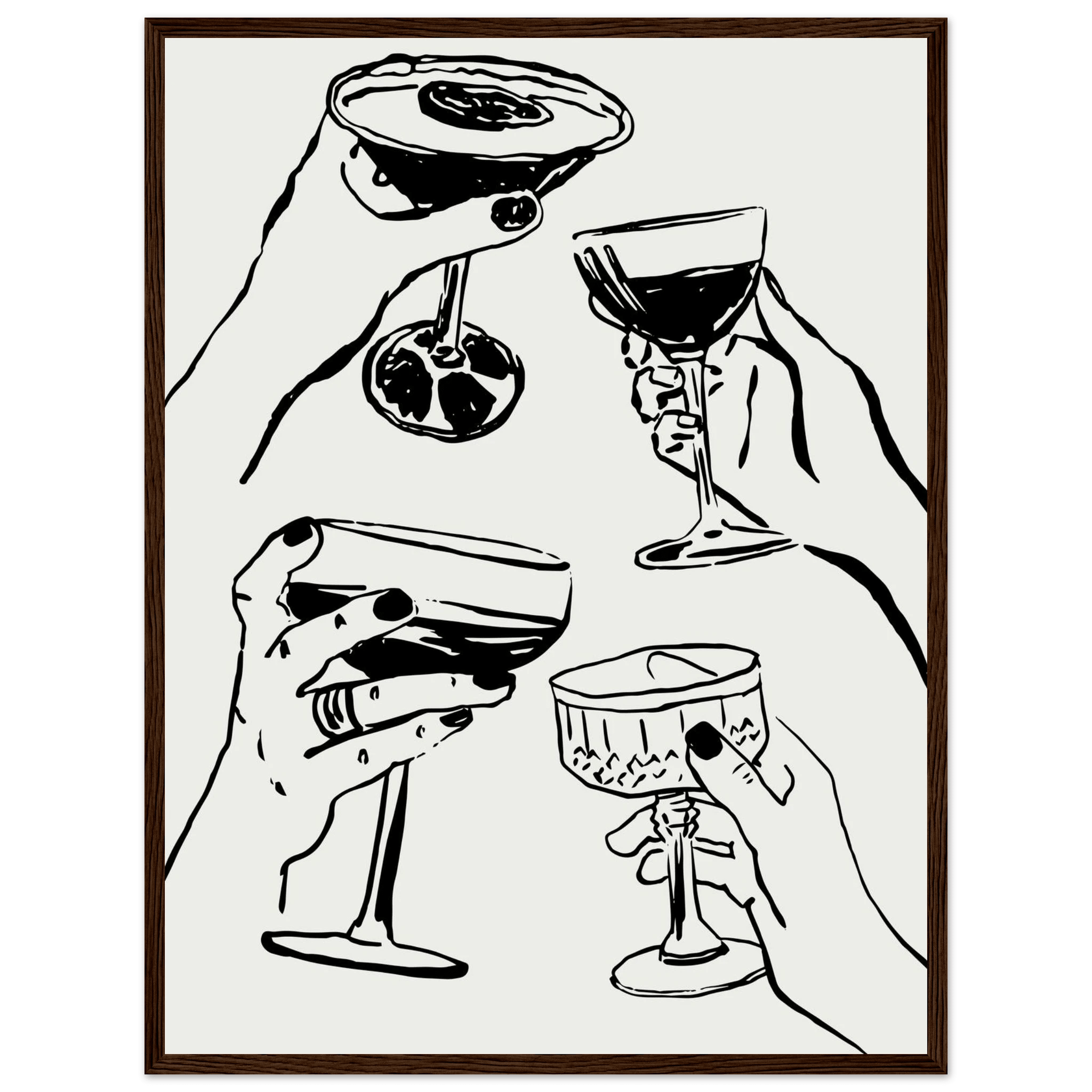 Cheers Print | Black Line Art Cocktail Glasses Wall Art | Kitchen Bar Poster - Evergreen Posters