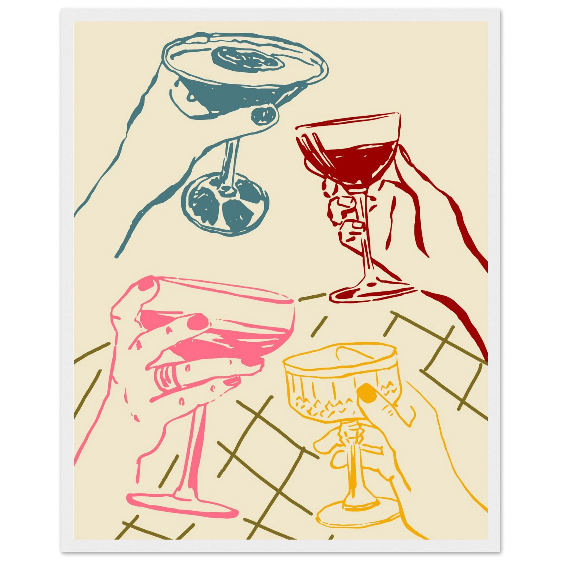 Cheers Print | Colourful Cocktail Glasses Wall Art | Kitchen Bar Poster - Evergreen Posters