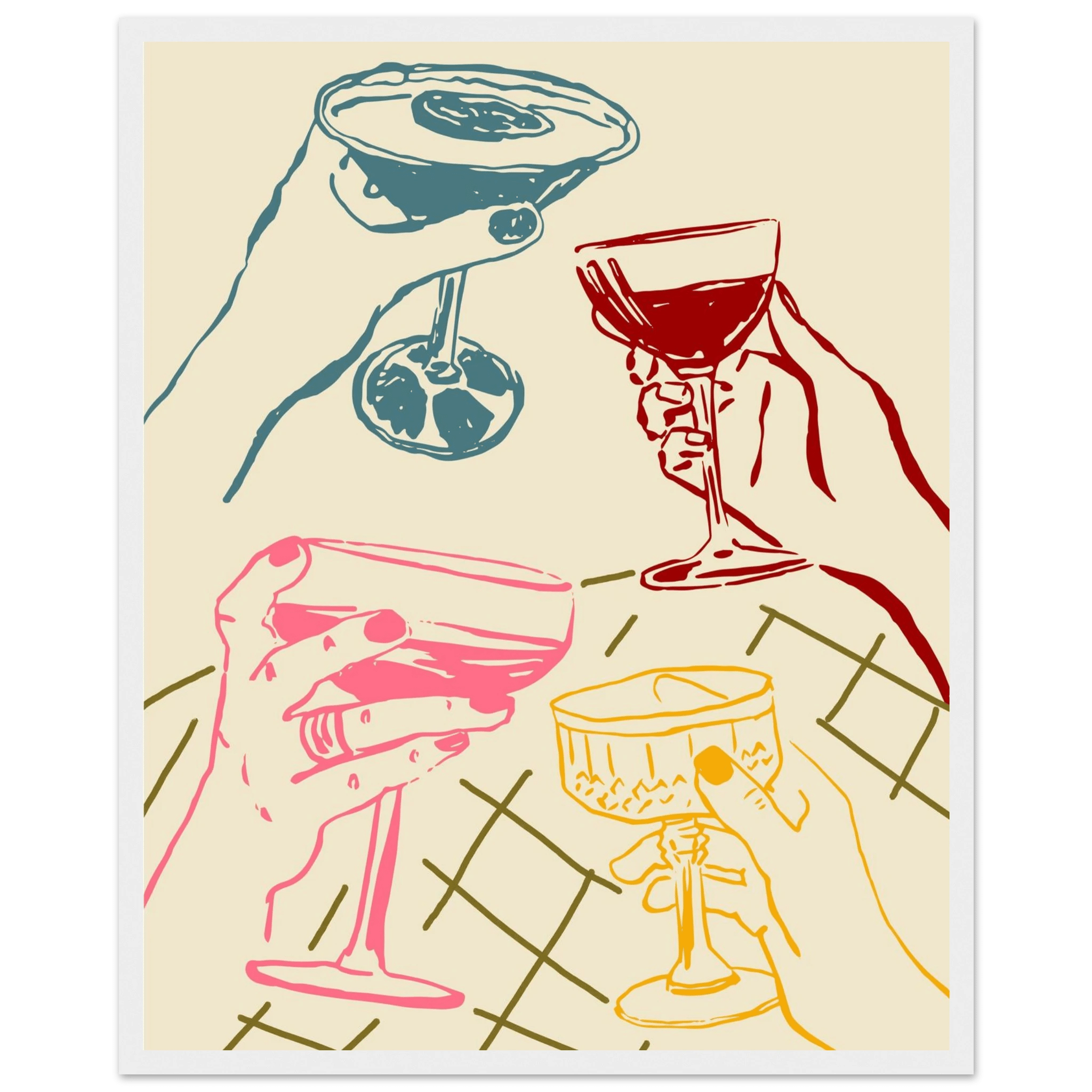 Cheers Print | Colourful Cocktail Glasses Wall Art | Kitchen Bar Poster - Evergreen Posters