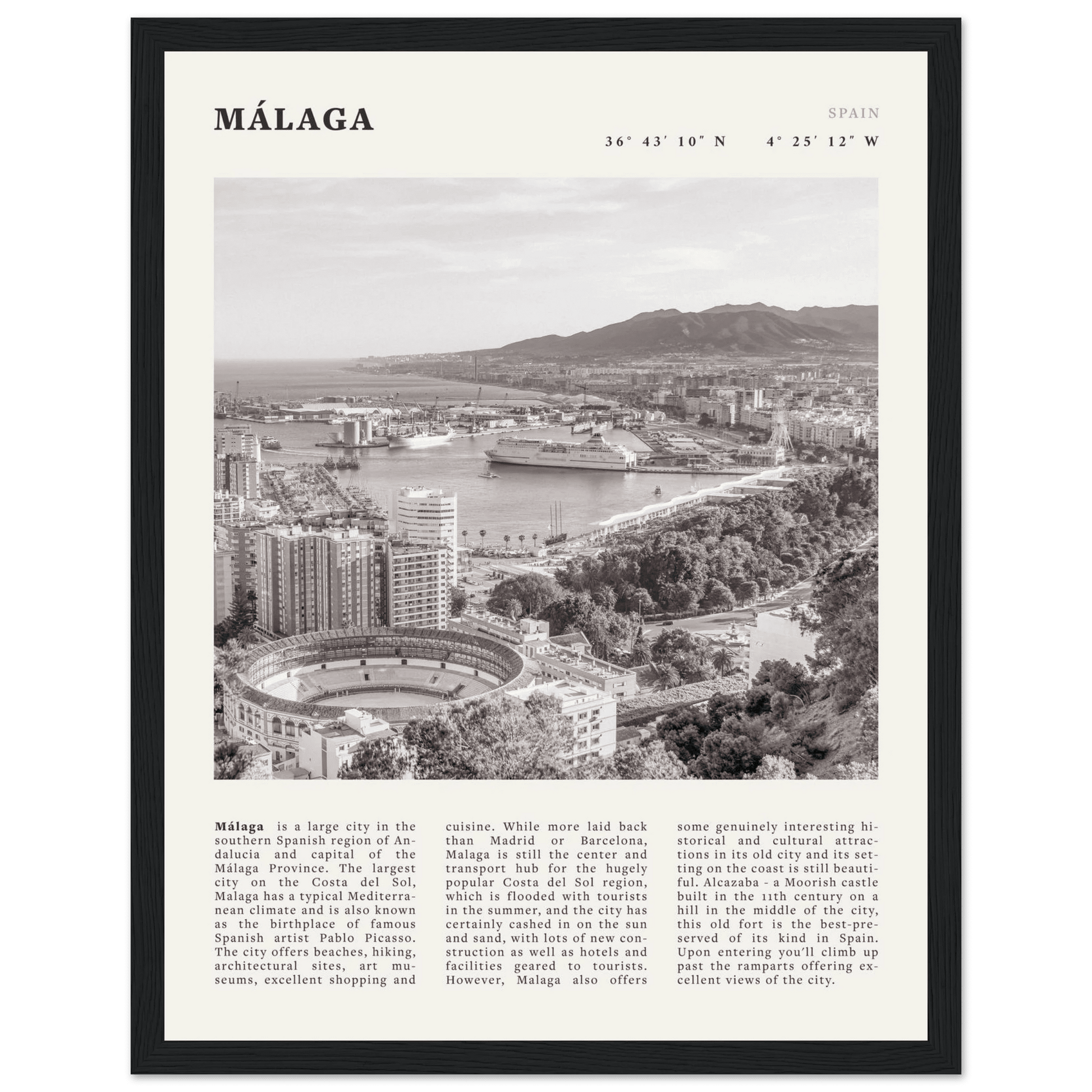 Málaga Poster | Black & White Costa del Sol Wall Art | Spain Travel Print - Evergreen Posters
