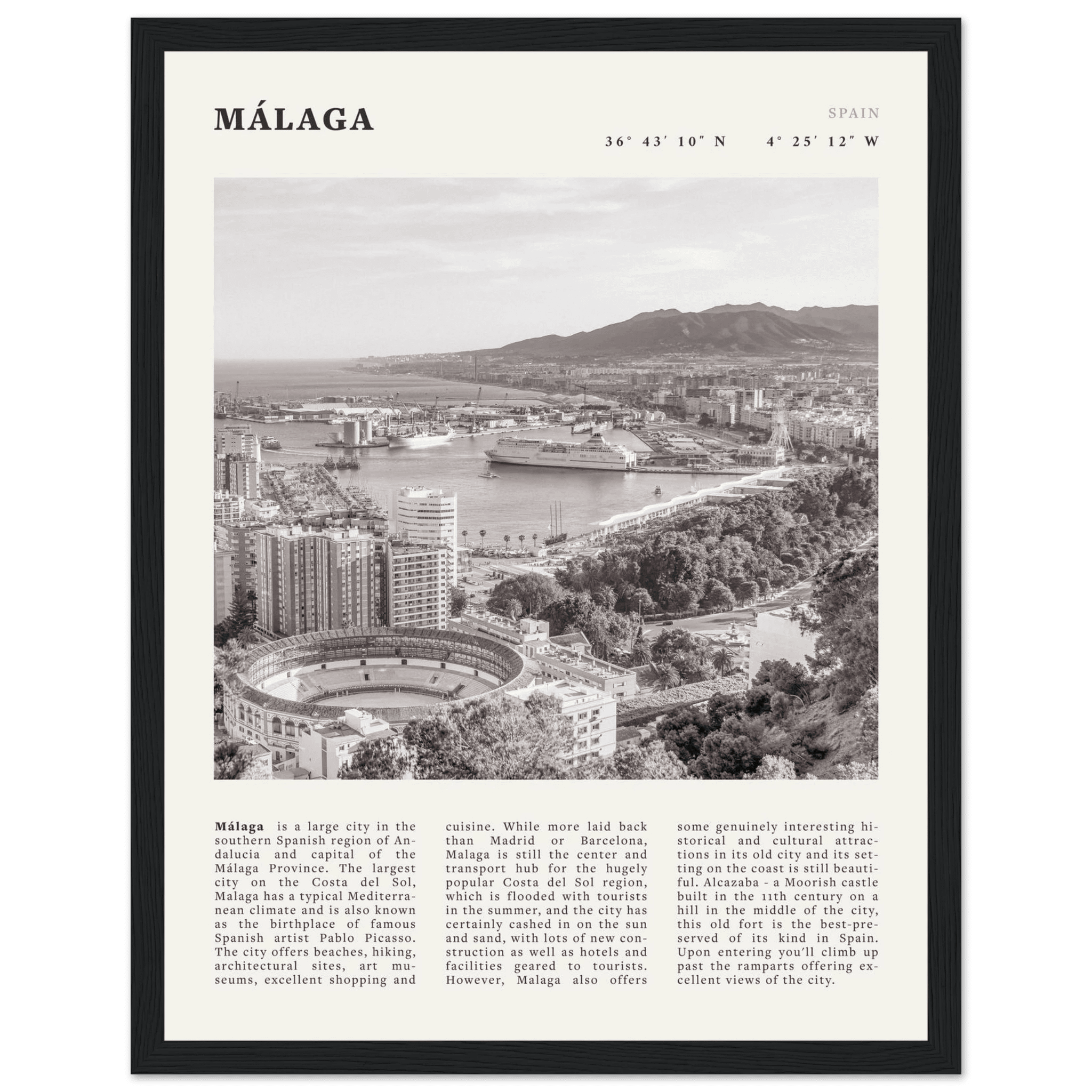 Málaga Poster | Black & White Costa del Sol Wall Art | Spain Travel Print - Evergreen Posters