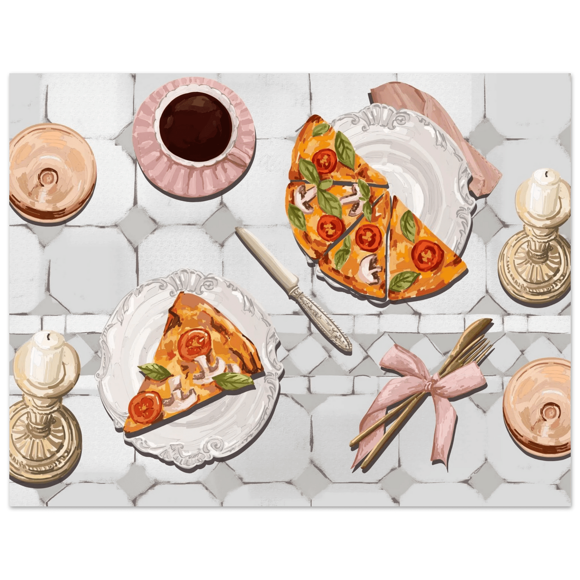 Pizza & Tea Kitchen Poster | Horizontal Food Wall Art | Italian Dining Room Print - Evergreen Posters