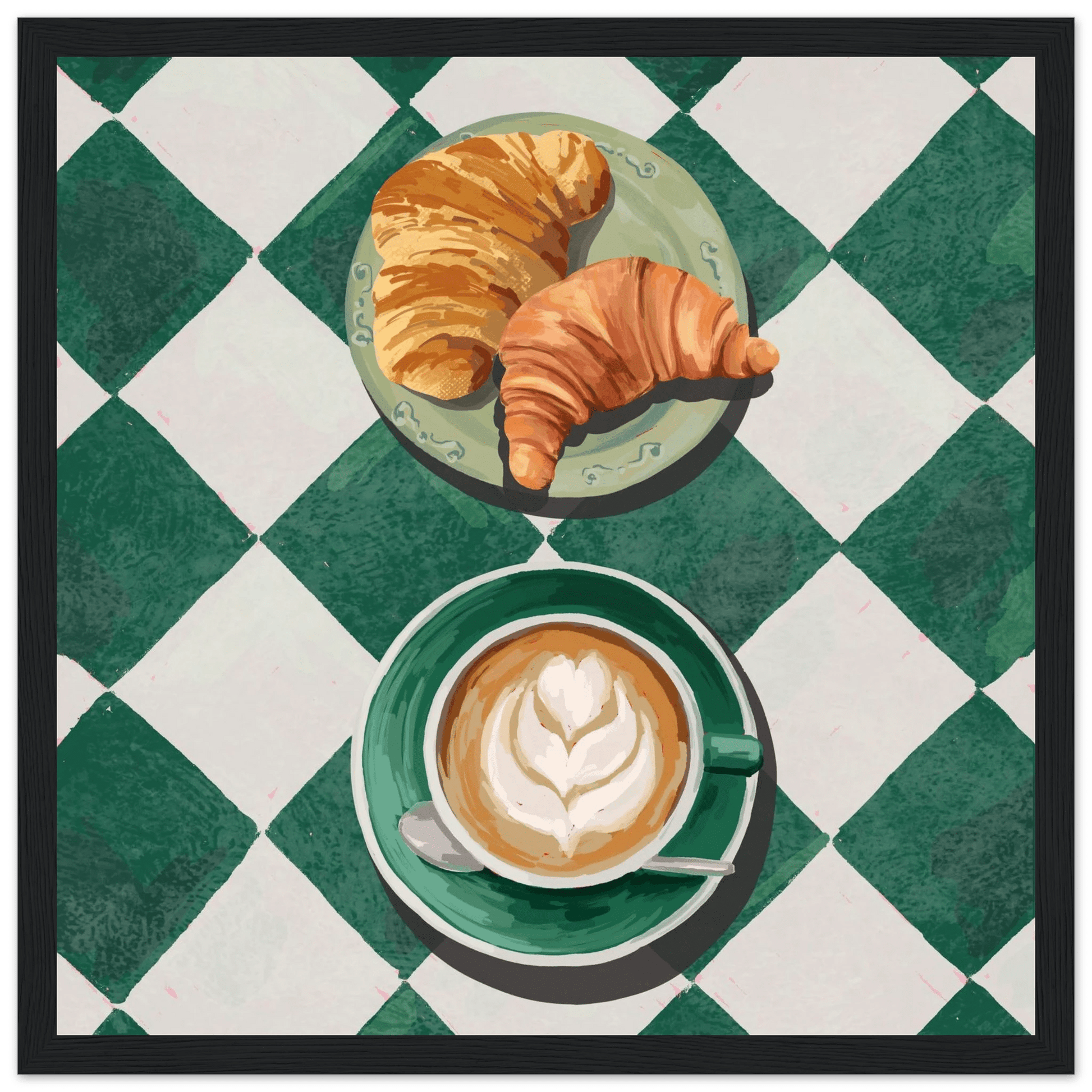 Croissant & Latte Poster | Classic Kitchen Wall Art | Green Tile Square Breakfast Print - Evergreen Posters - 15