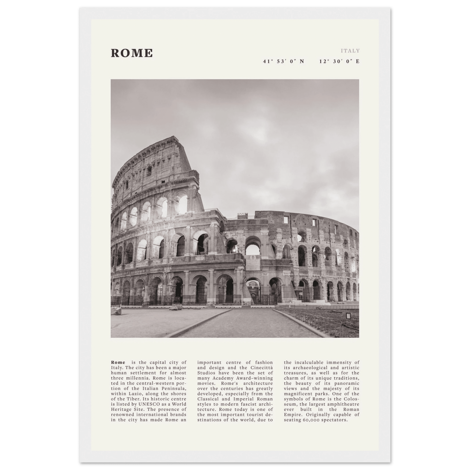 Rome Poster | Black & White Colosseum Wall Art | Italy Travel Print | Roman Decor - Evergreen Posters
