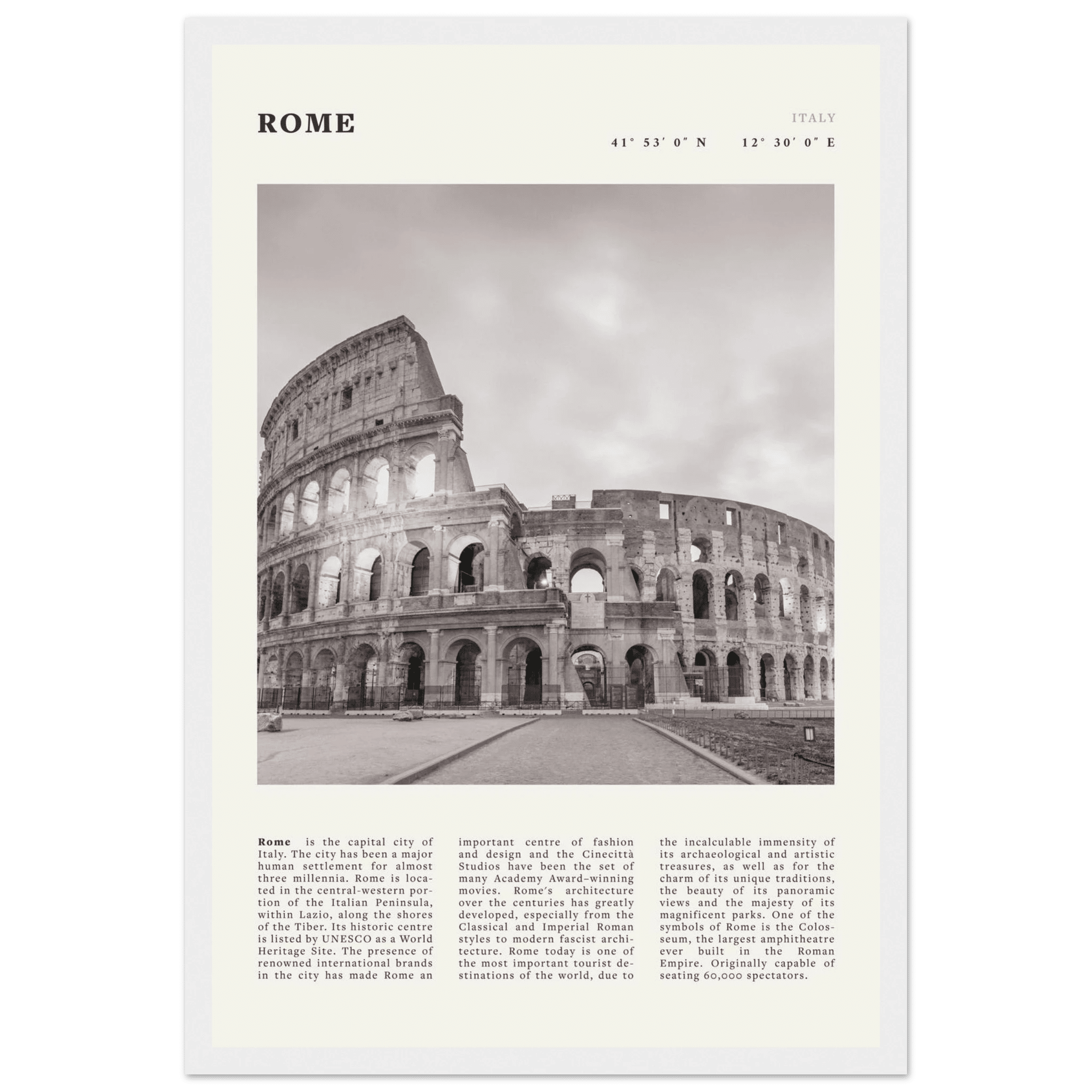 Rome Poster | Black & White Colosseum Wall Art | Italy Travel Print | Roman Decor - Evergreen Posters