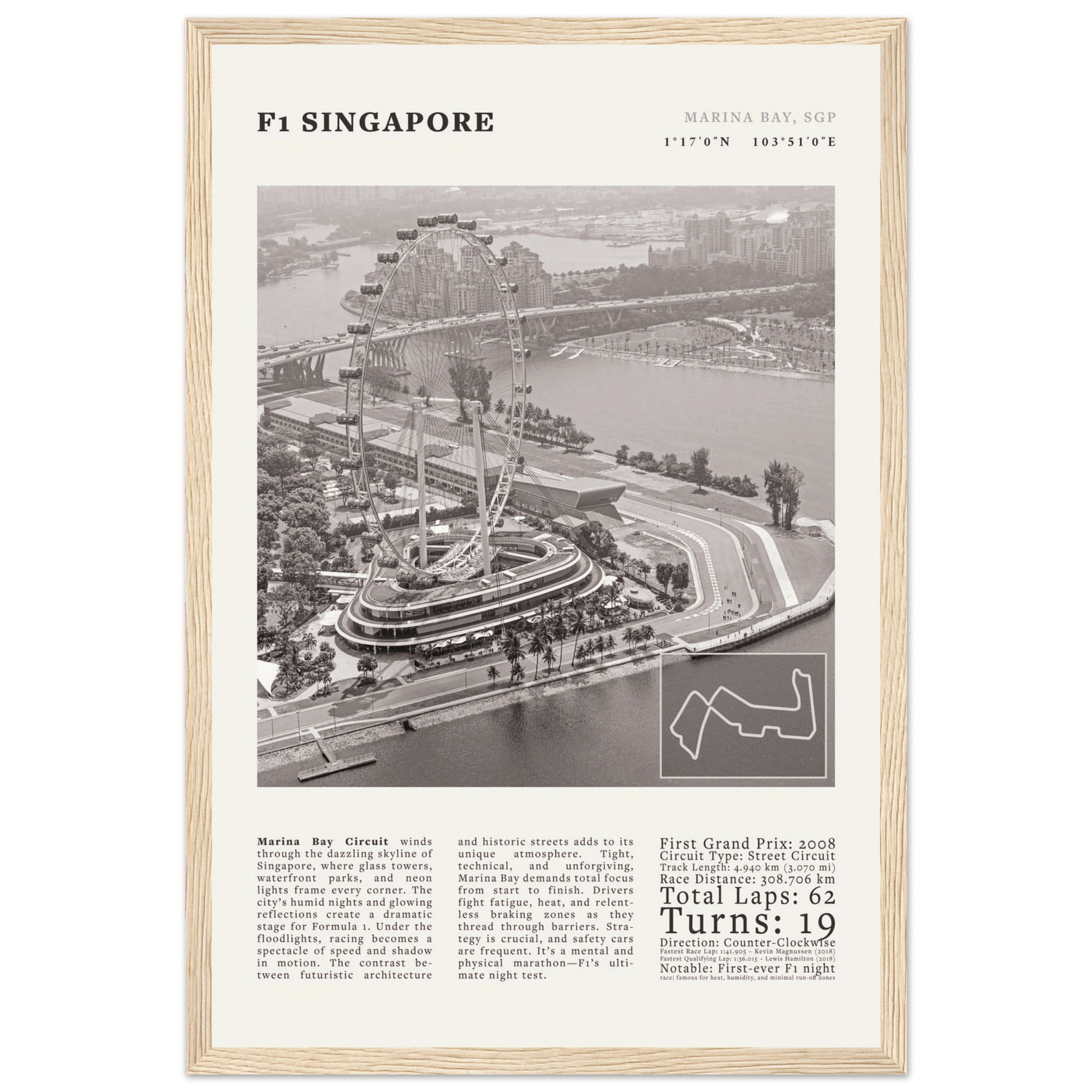 F1 Singapore Poster Black and White – Vintage Marina Bay Night Race Print (Digital & Printed Options) - Evergreen Posters