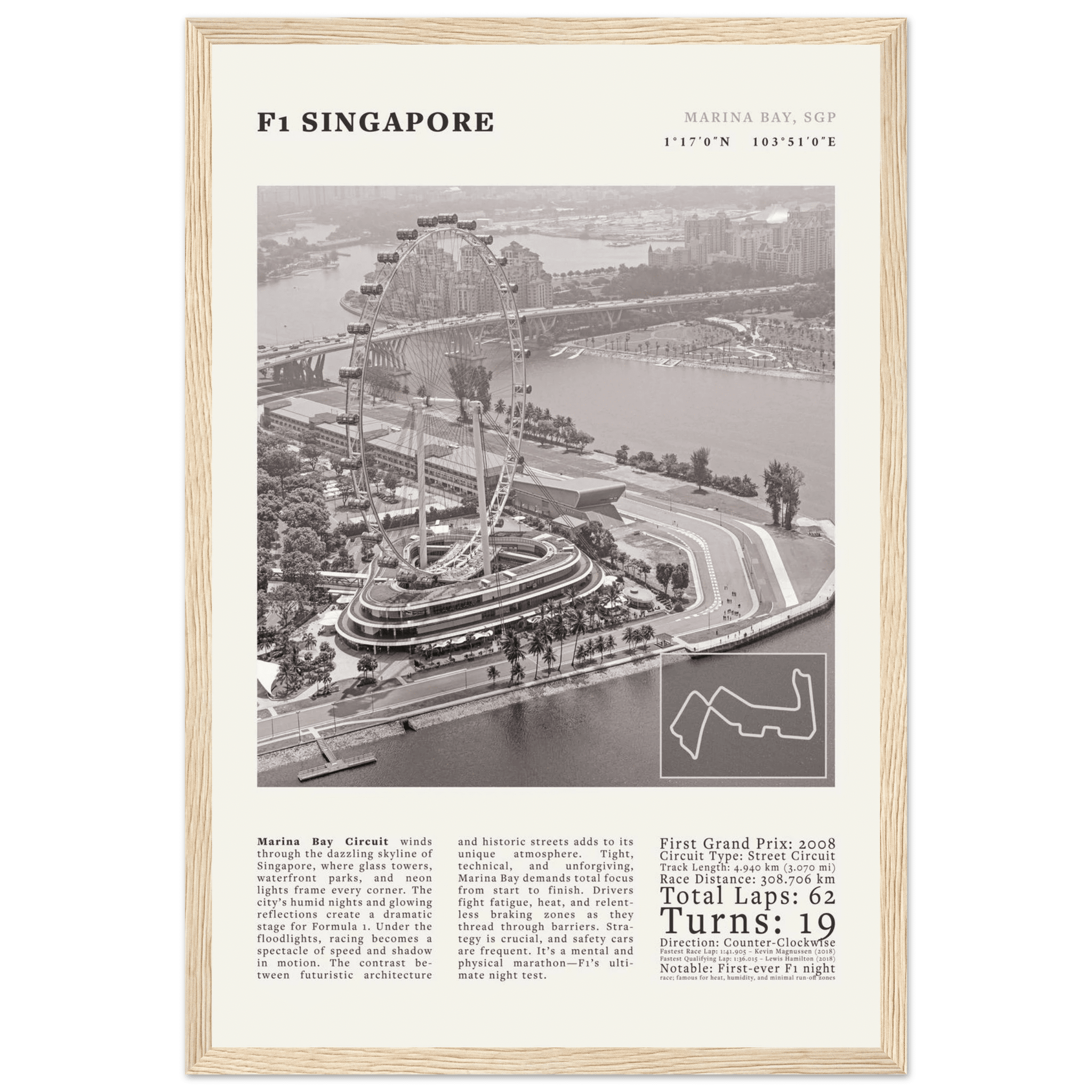 F1 Singapore Poster Black and White – Vintage Marina Bay Night Race Print (Digital & Printed Options) - Evergreen Posters