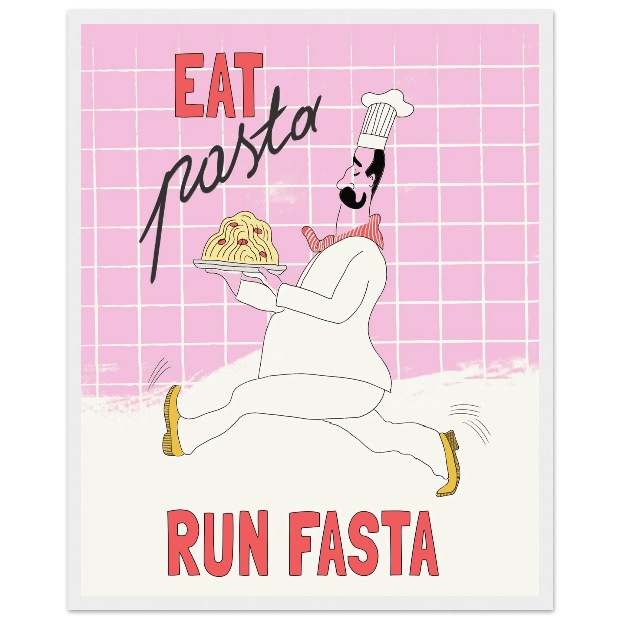 Eat Pasta Run Fasta Poster – Playful Kitchen Wall Art Print (Light Pink) - Evergreen Posters