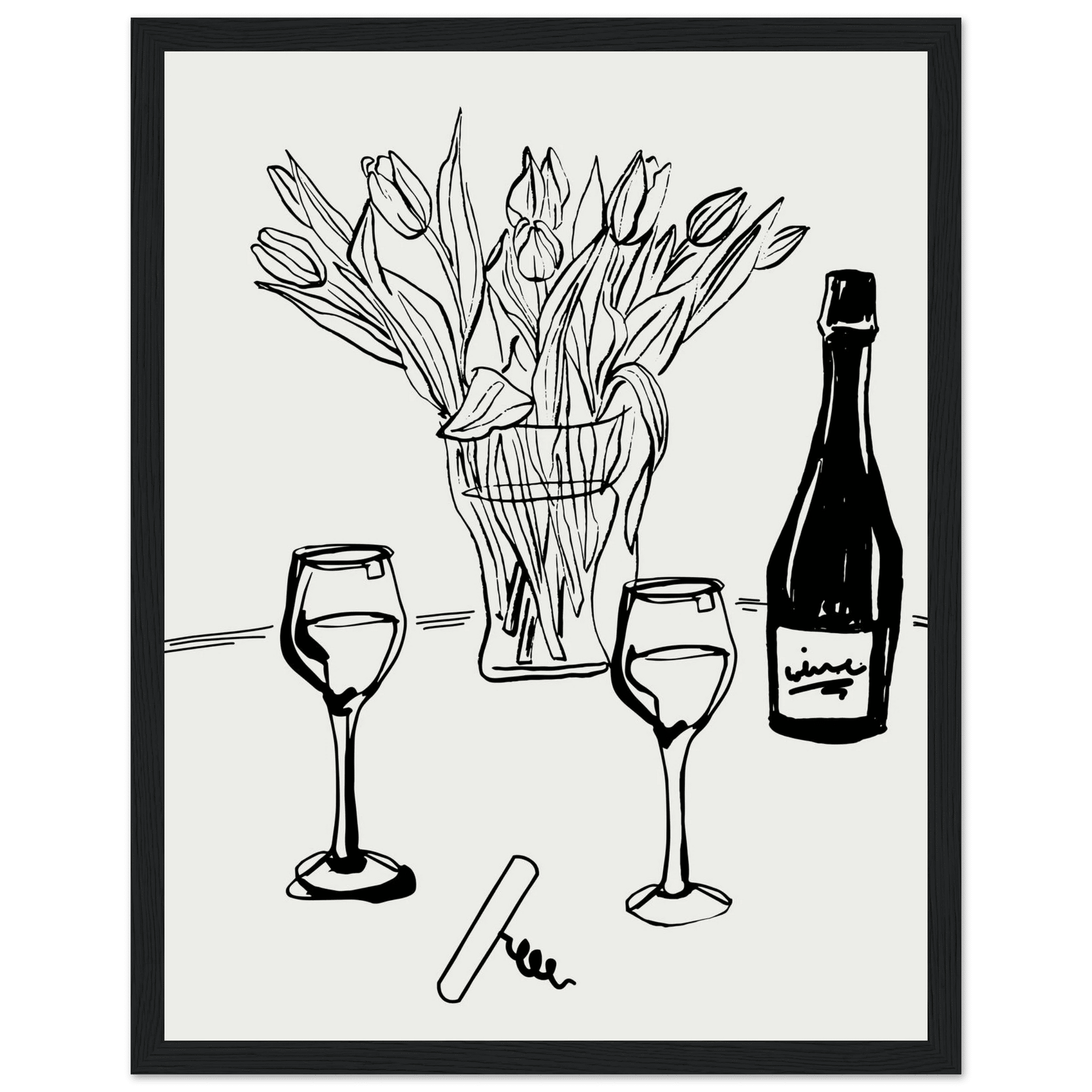 Wine & Tulips Print | Black Line Art Wine Bottle Wall Art | Minimalist Kitchen Poster - Evergreen Posters
