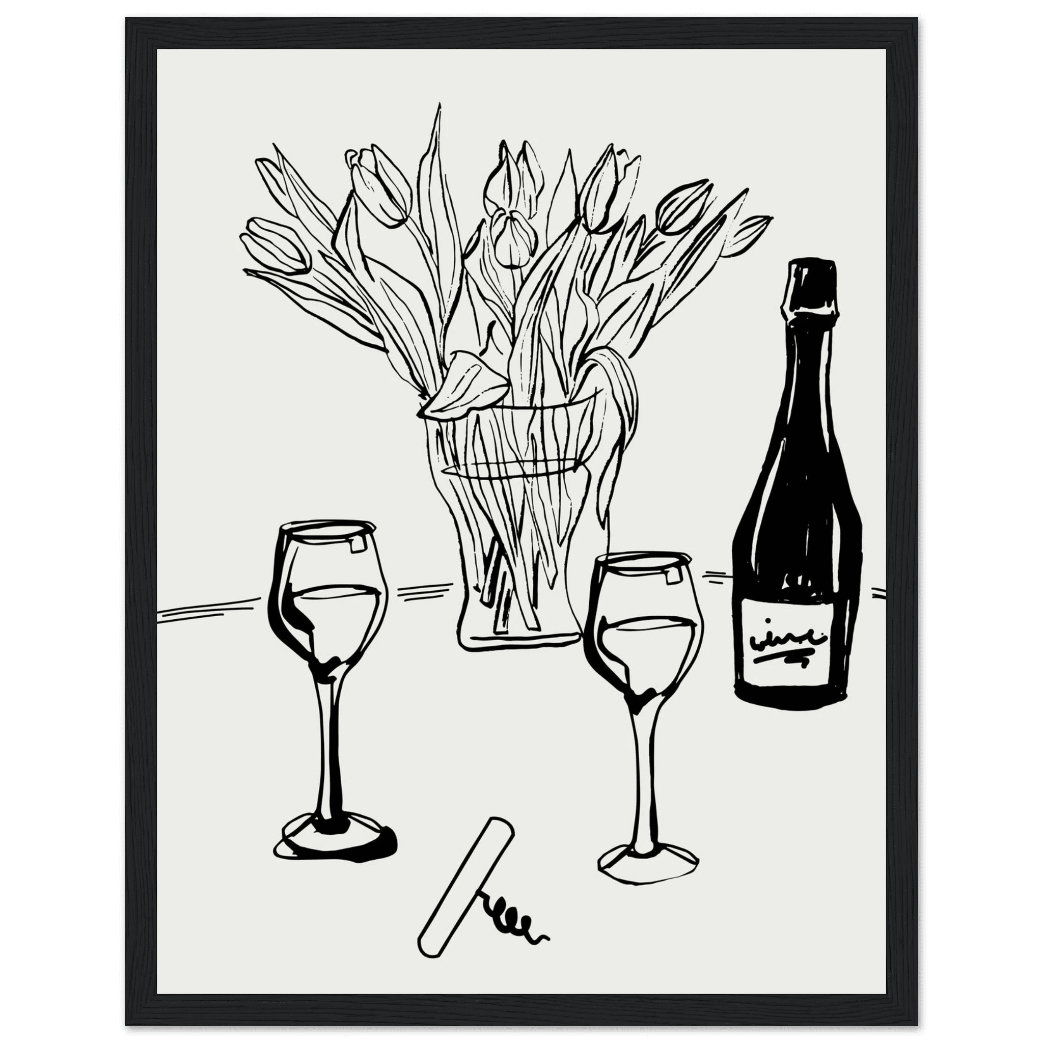 Wine & Tulips Print | Black Line Art Wine Bottle Wall Art | Minimalist Kitchen Poster - Evergreen Posters