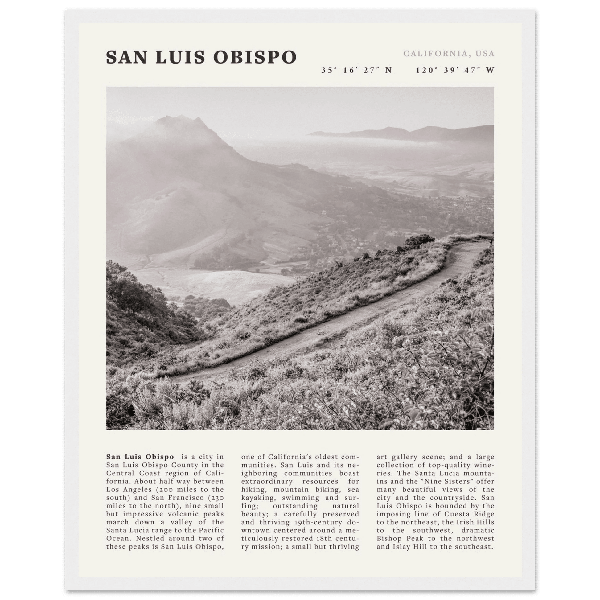 San Luis Obispo Poster | Black & White California Wall Art | SLO Travel Print - Evergreen Posters