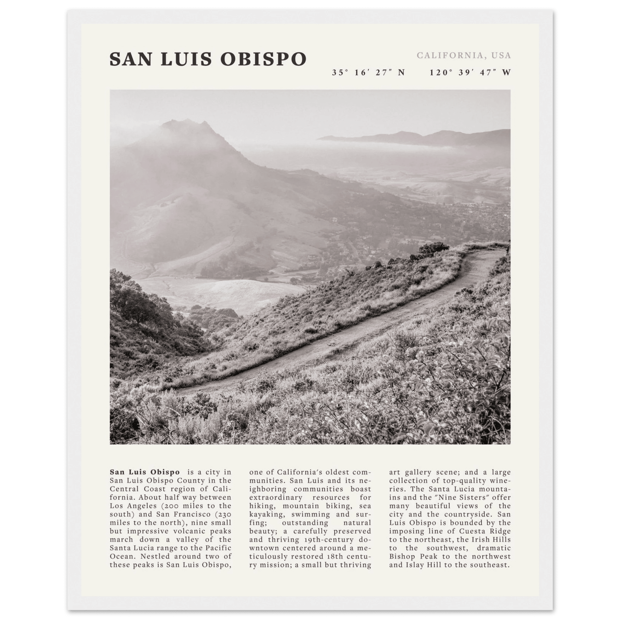 San Luis Obispo Poster | Black & White California Wall Art | SLO Travel Print - Evergreen Posters