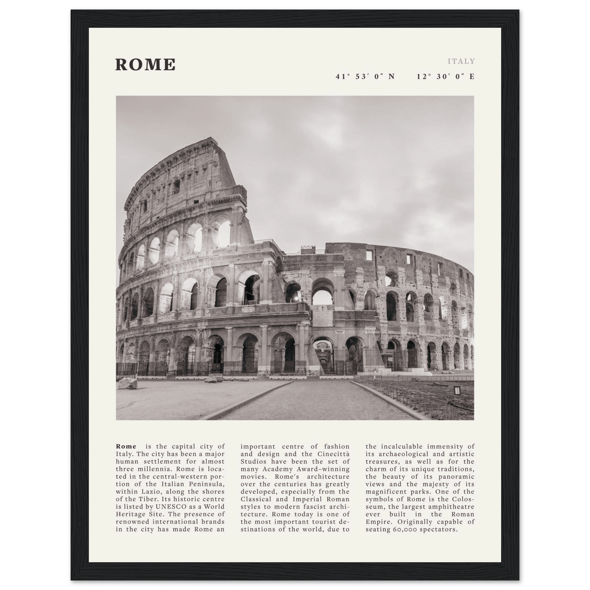 Rome Poster | Black & White Colosseum Wall Art | Italy Travel Print | Roman Decor - Evergreen Posters