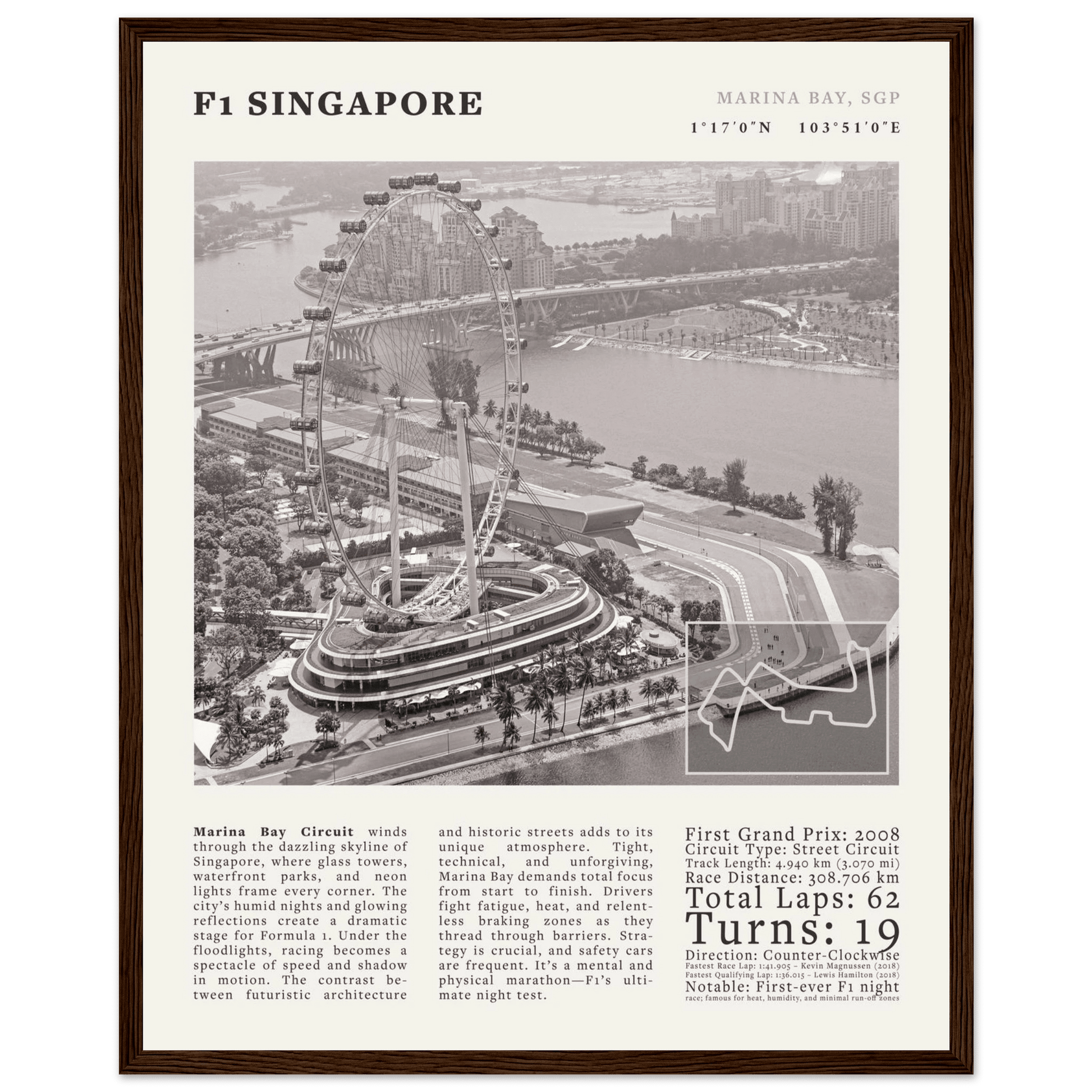 F1 Singapore Poster Black and White – Vintage Marina Bay Night Race Print (Digital & Printed Options) - Evergreen Posters