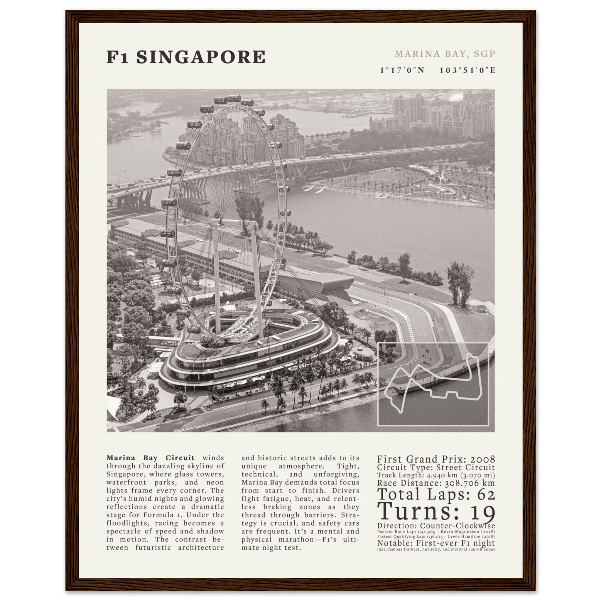 F1 Singapore Poster Black and White – Vintage Marina Bay Night Race Print (Digital & Printed Options) - Evergreen Posters