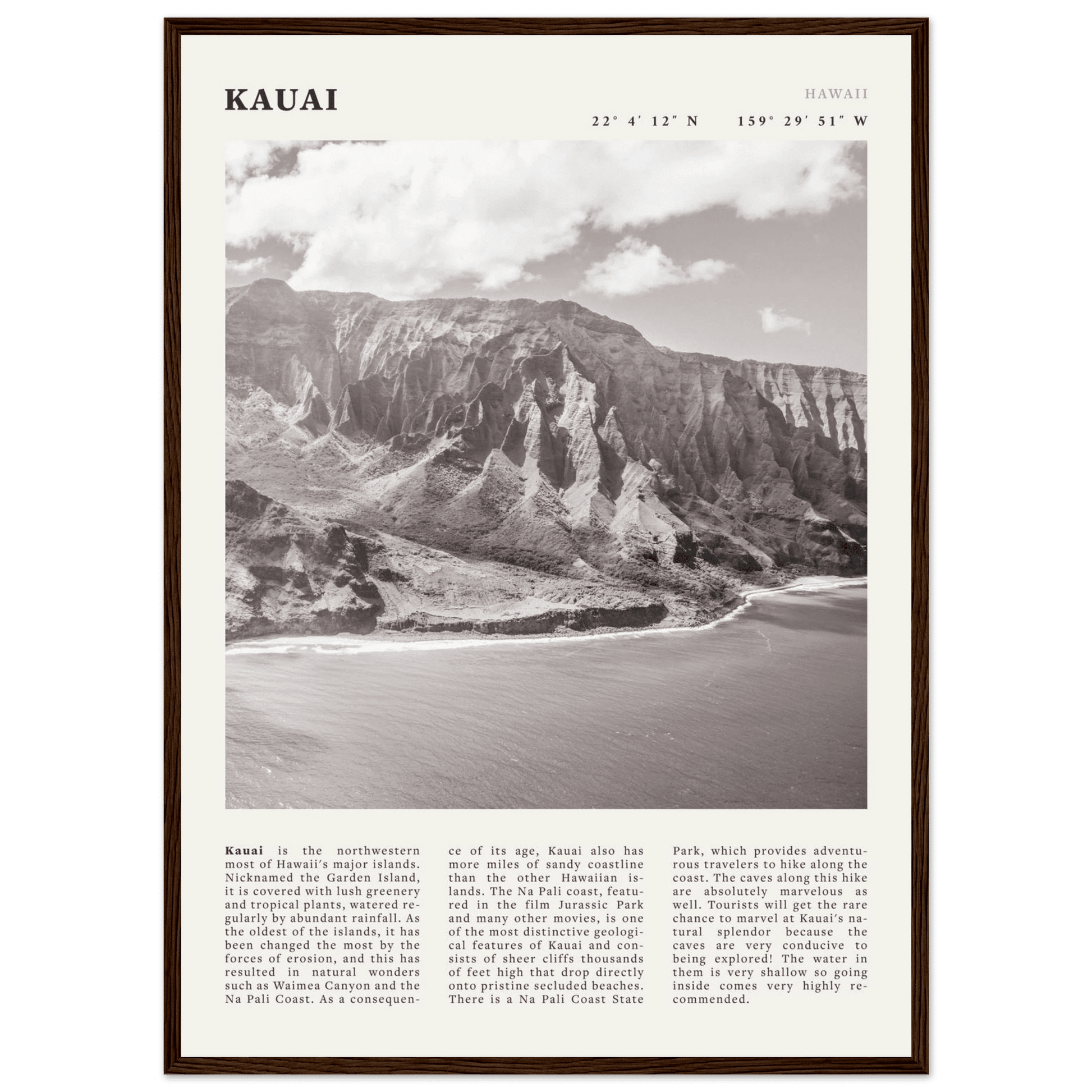 Kauai Poster | Black & White Na Pali Coast Wall Art | Hawaii Travel Print Decor - Evergreen Posters