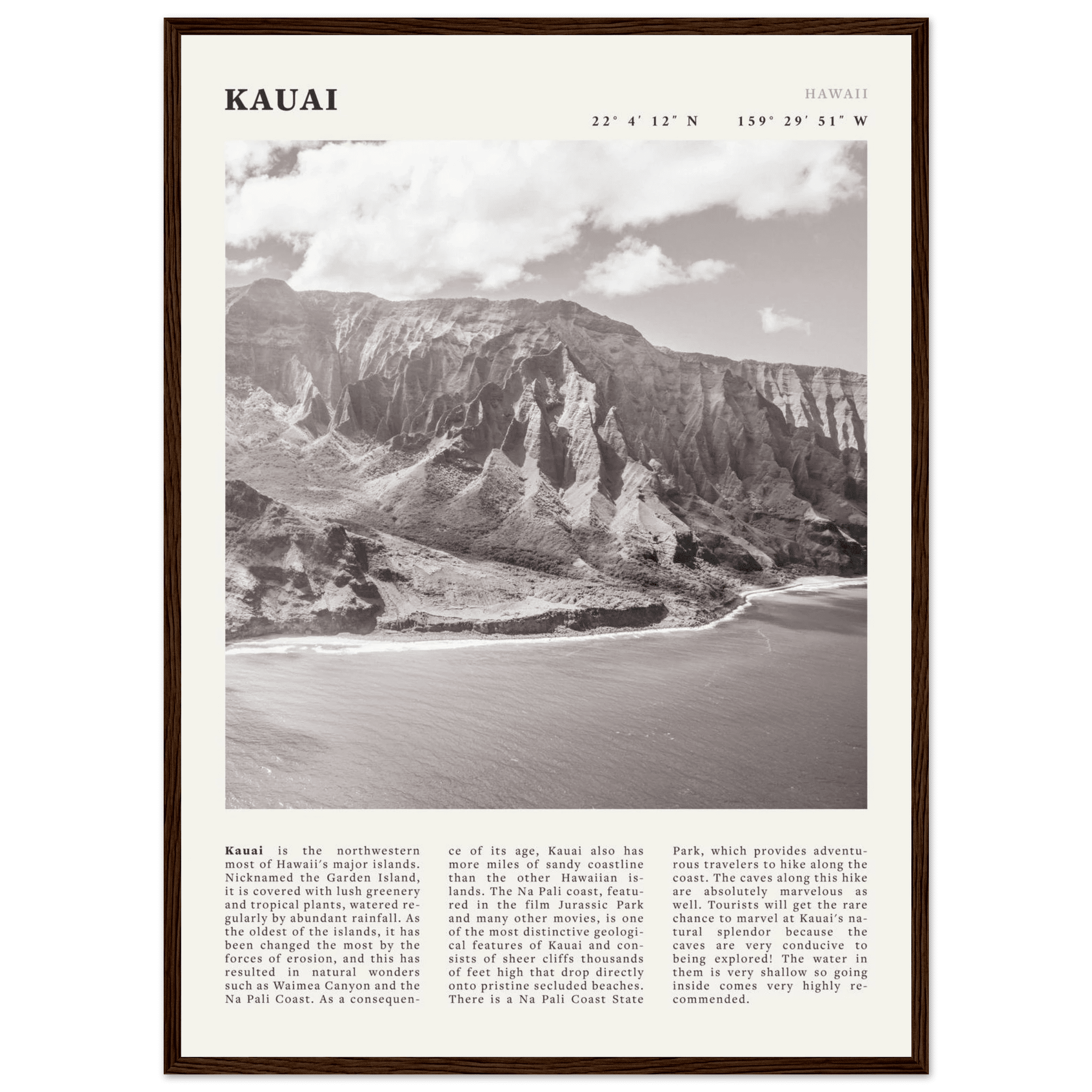 Kauai Poster | Black & White Na Pali Coast Wall Art | Hawaii Travel Print Decor - Evergreen Posters
