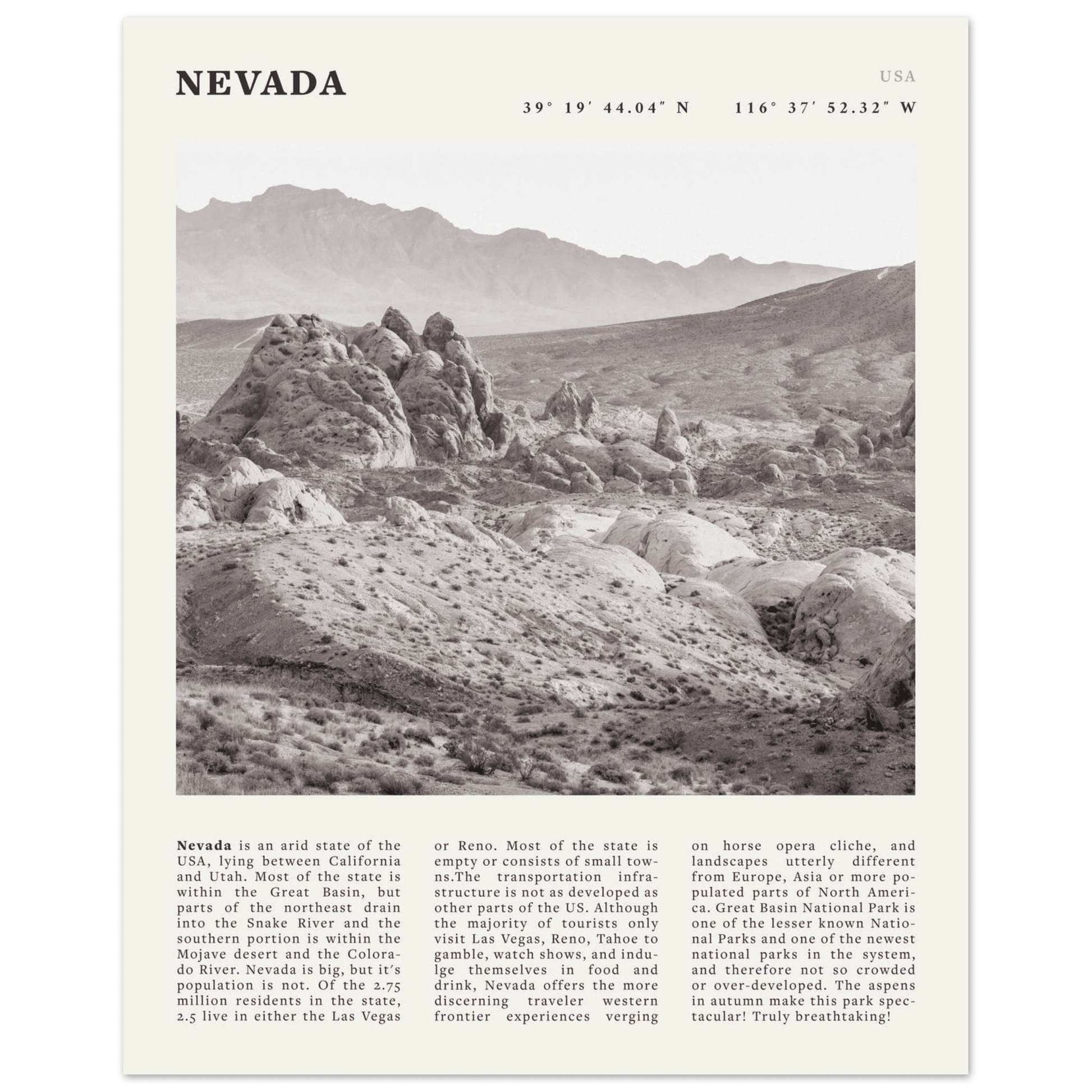 Nevada Poster | Black & White Desert Landscape Wall Art | USA Travel Print Decor - Evergreen Posters