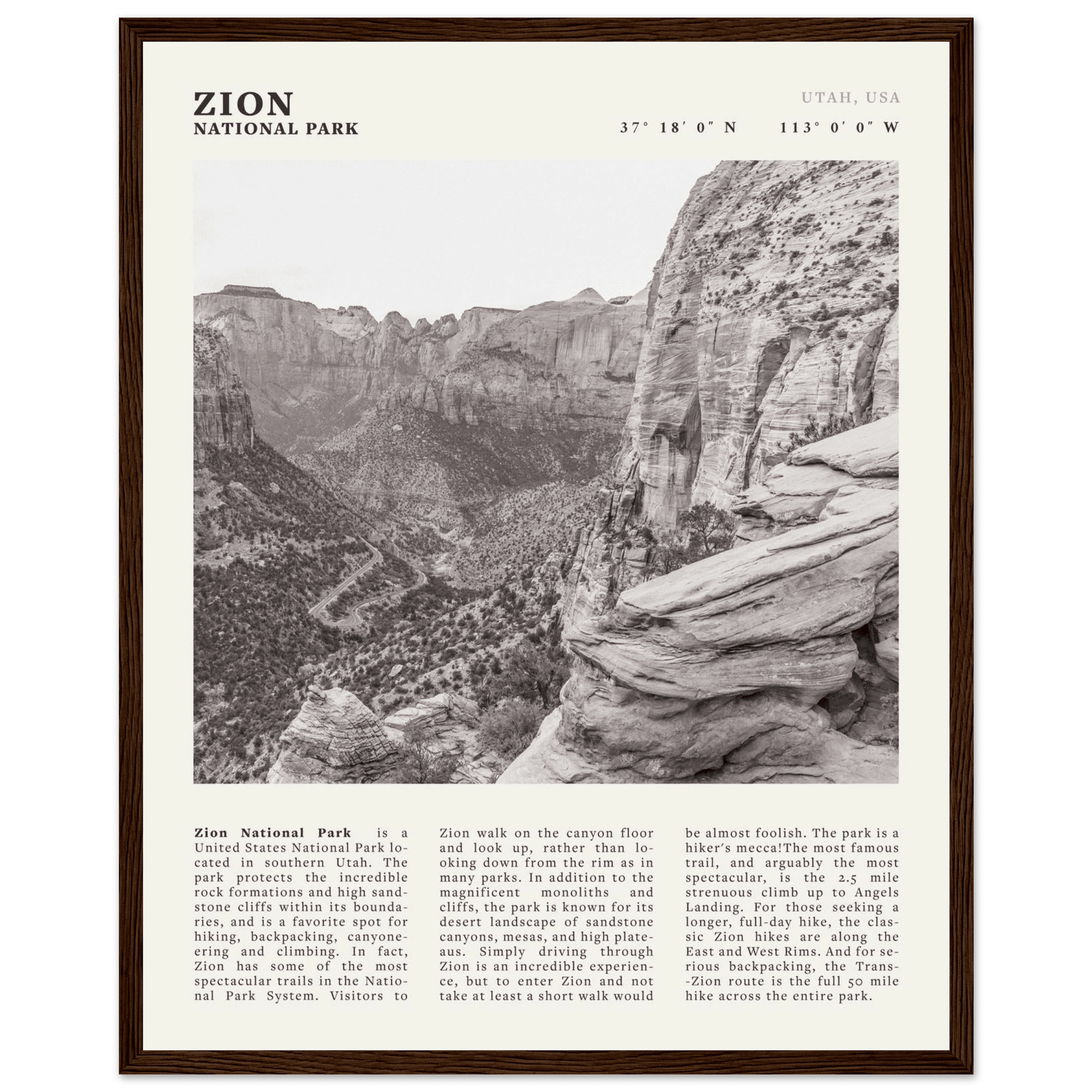 Zion National Park Poster | Black & White Utah Canyon Wall Art | USA Travel Print - Evergreen Posters