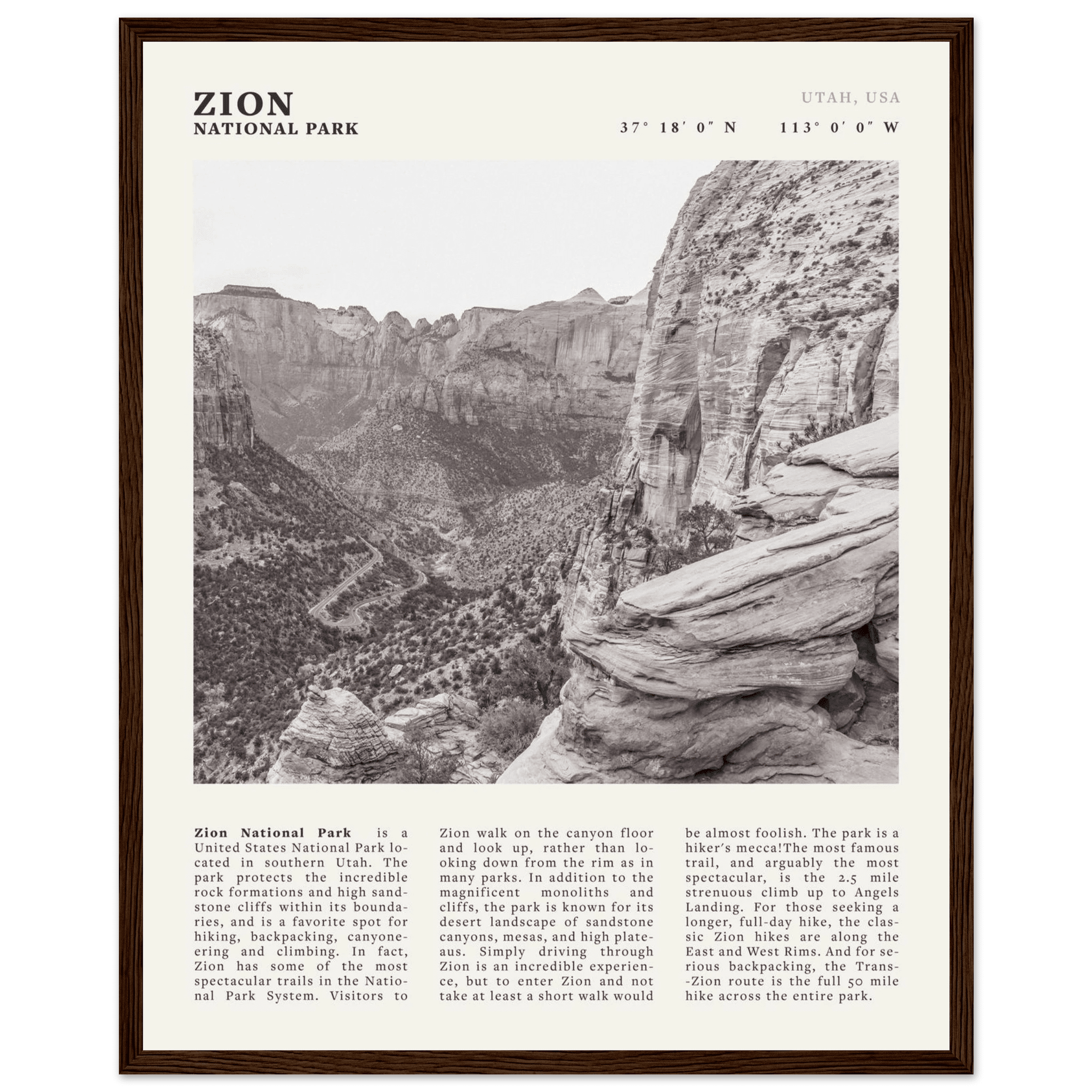 Zion National Park Poster | Black & White Utah Canyon Wall Art | USA Travel Print - Evergreen Posters