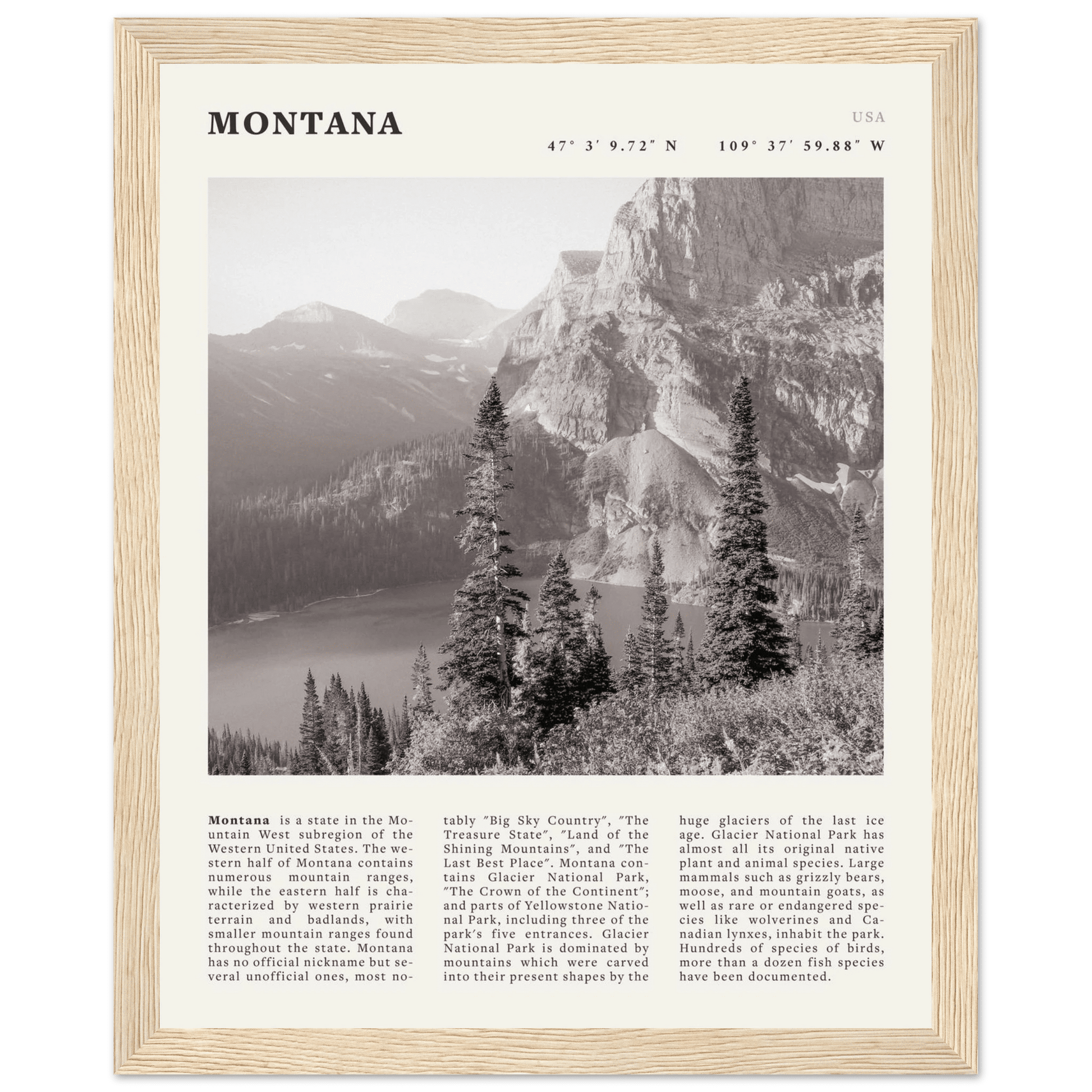 Montana Poster | Black & White Glacier National Park Wall Art | Nature Travel Print - Evergreen Posters