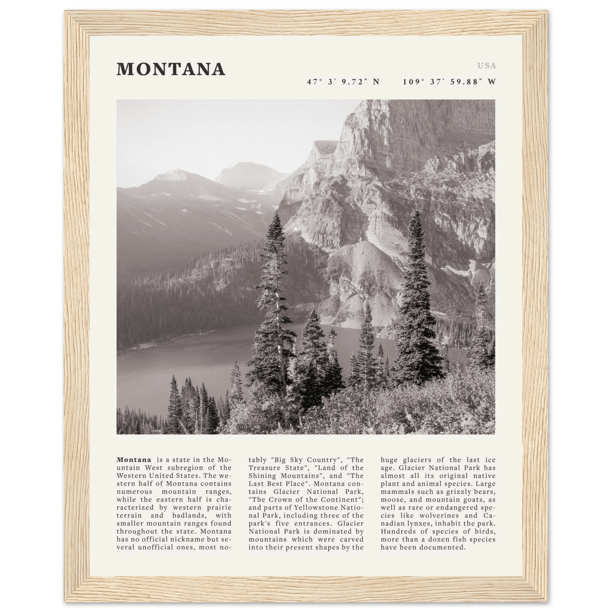 Montana Poster | Black & White Glacier National Park Wall Art | Nature Travel Print - Evergreen Posters