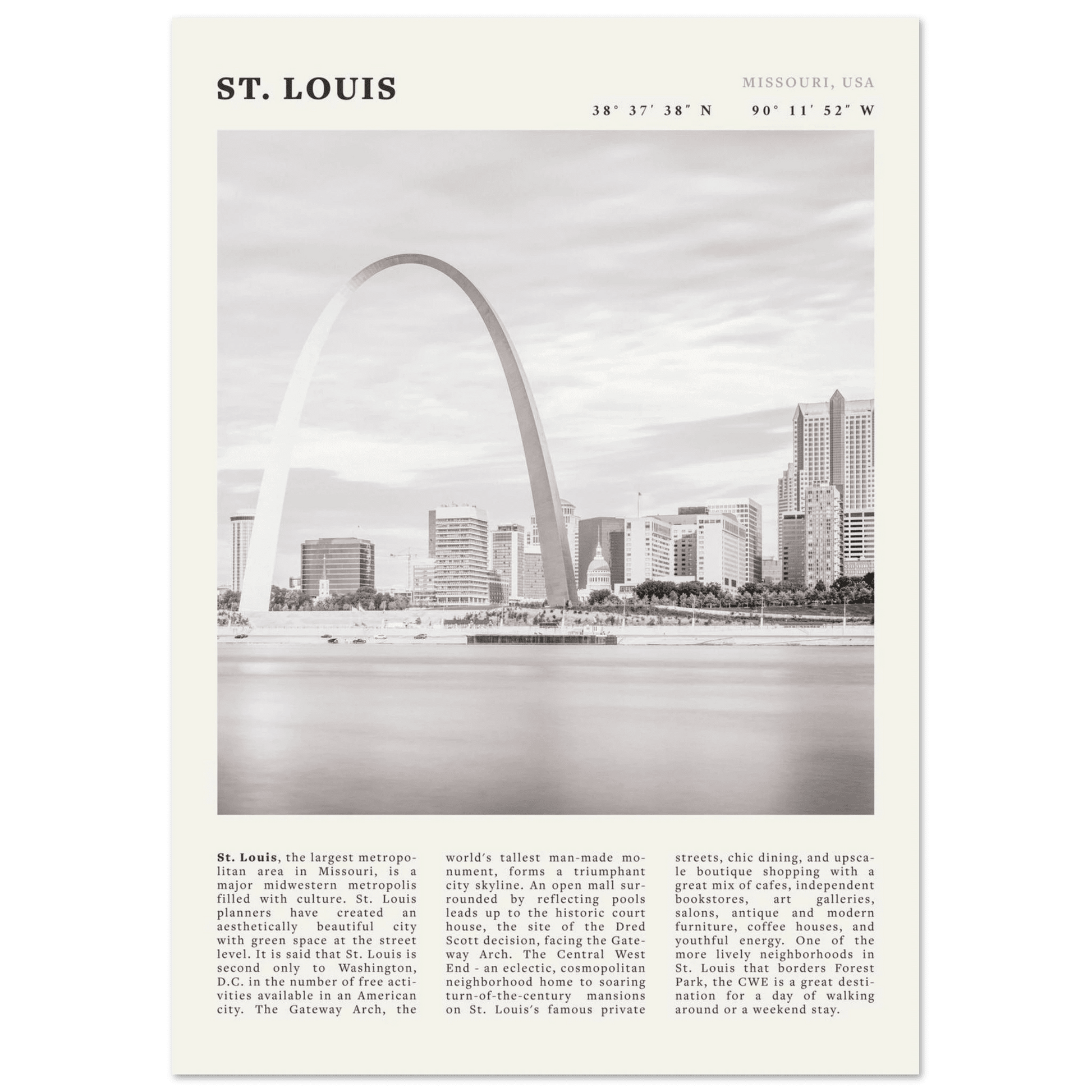 St. Louis Poster | Black & White Gateway Arch Wall Art | Missouri Travel Print - Evergreen Posters