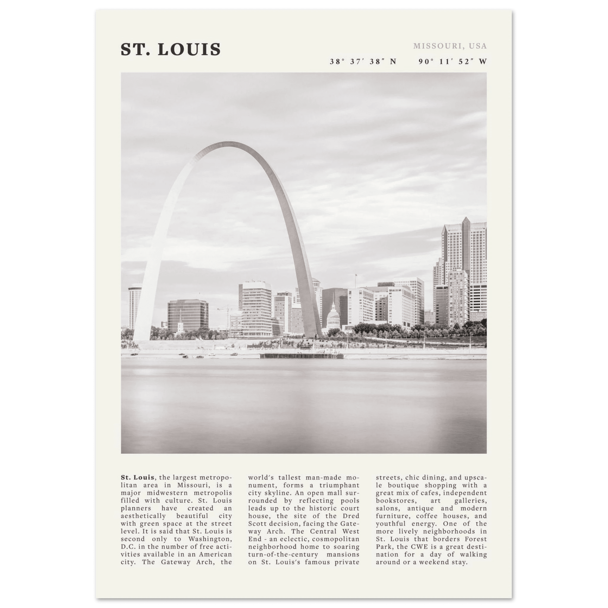 St. Louis Poster | Black & White Gateway Arch Wall Art | Missouri Travel Print - Evergreen Posters