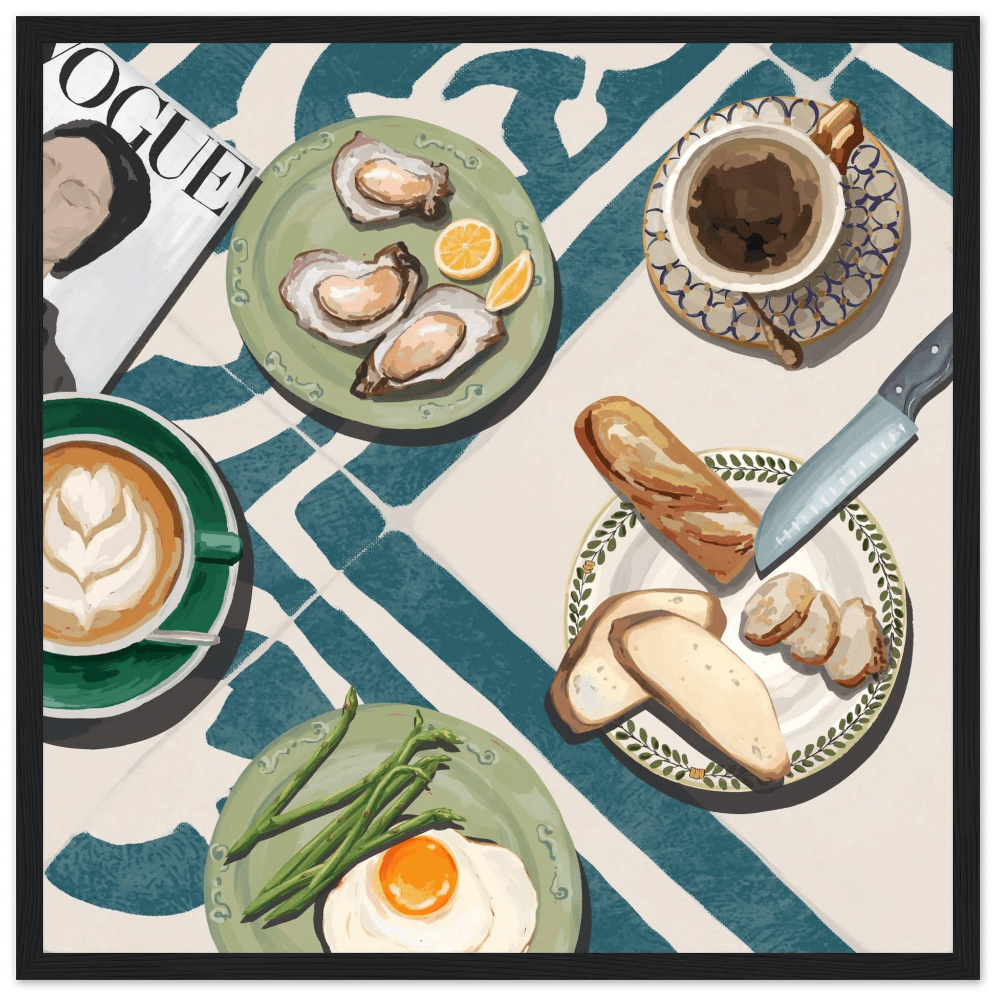 Oysters & Vogue Brunch Poster | Luxury Kitchen Wall Art | Blue Tile Square Print - Evergreen Posters - 14