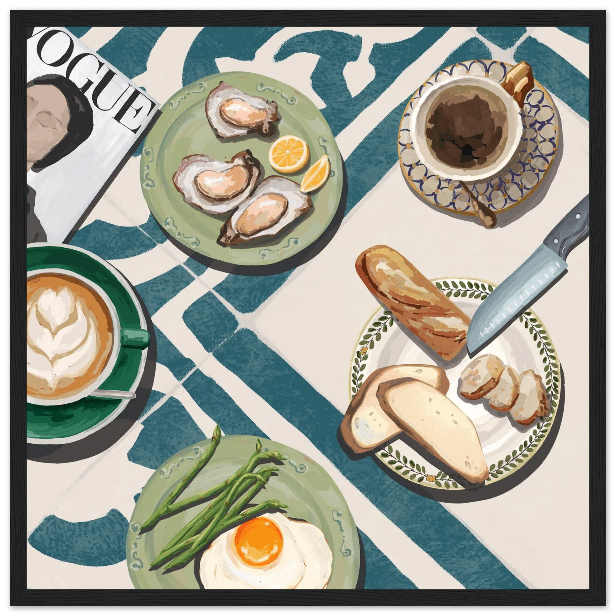 Oysters & Vogue Brunch Poster | Luxury Kitchen Wall Art | Blue Tile Square Print - Evergreen Posters - 14