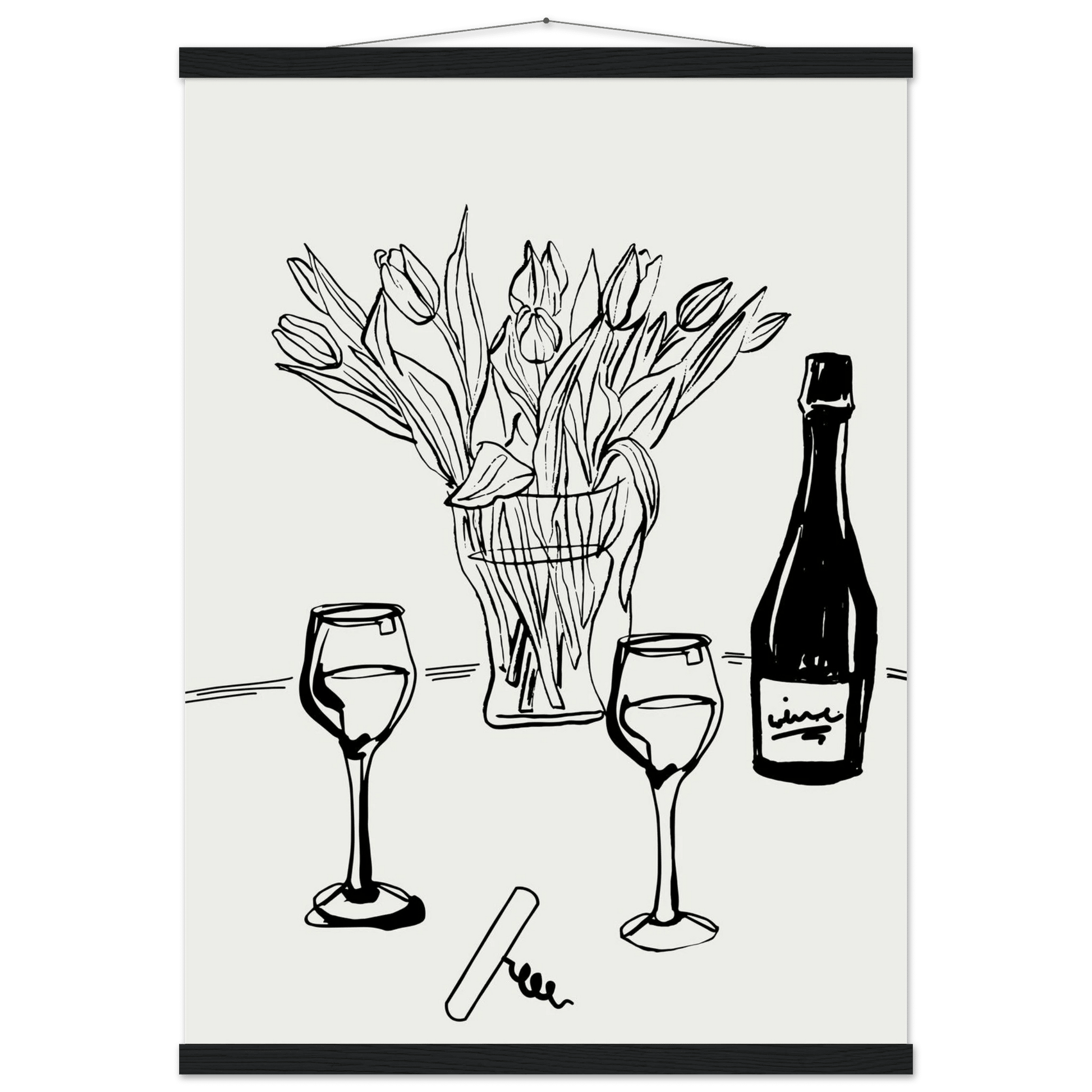 Wine & Tulips Print | Black Line Art Wine Bottle Wall Art | Minimalist Kitchen Poster - Evergreen Posters