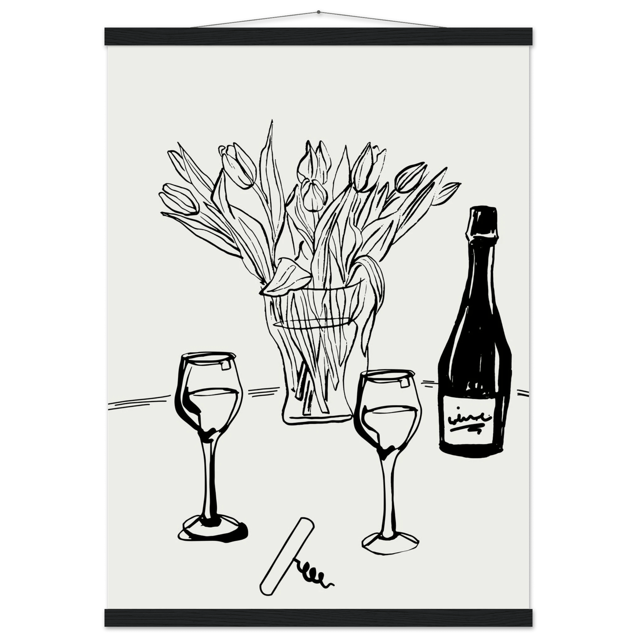 Wine & Tulips Print | Black Line Art Wine Bottle Wall Art | Minimalist Kitchen Poster - Evergreen Posters