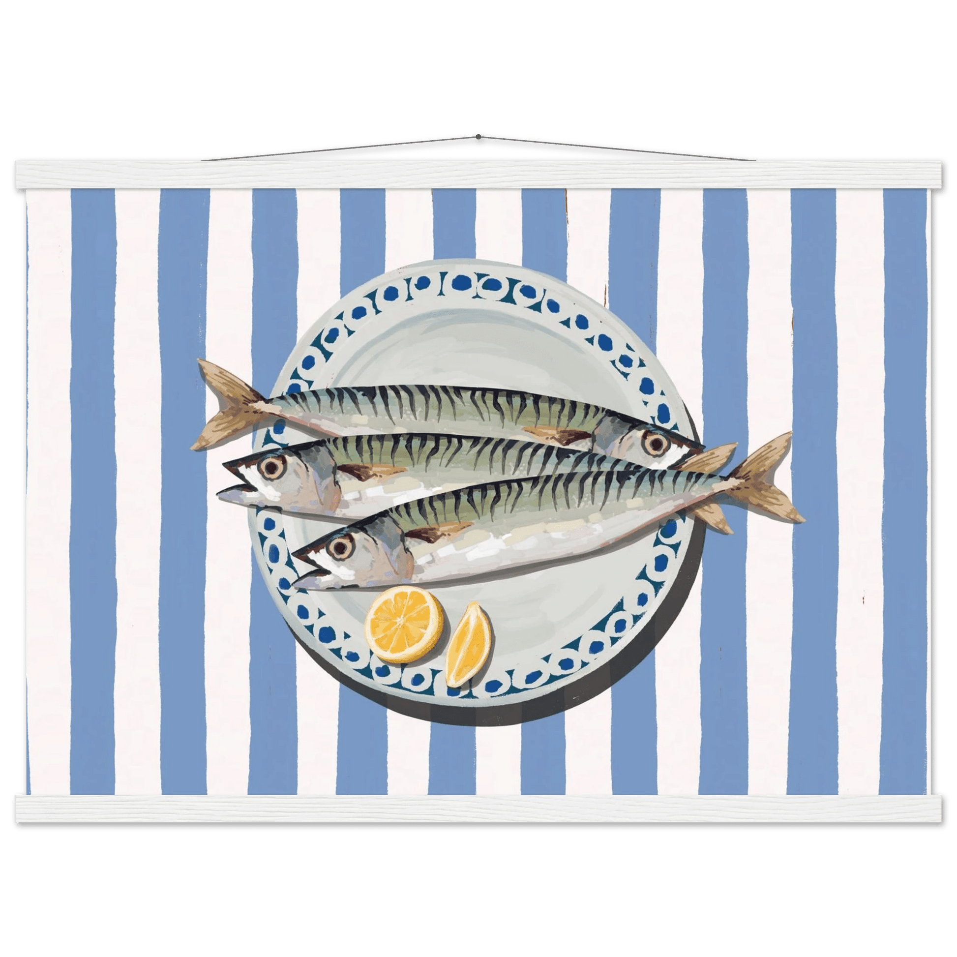Sardines Print | Blue Stripe Fish Kitchen Wall Art | Coastal Food Poster - Evergreen Posters